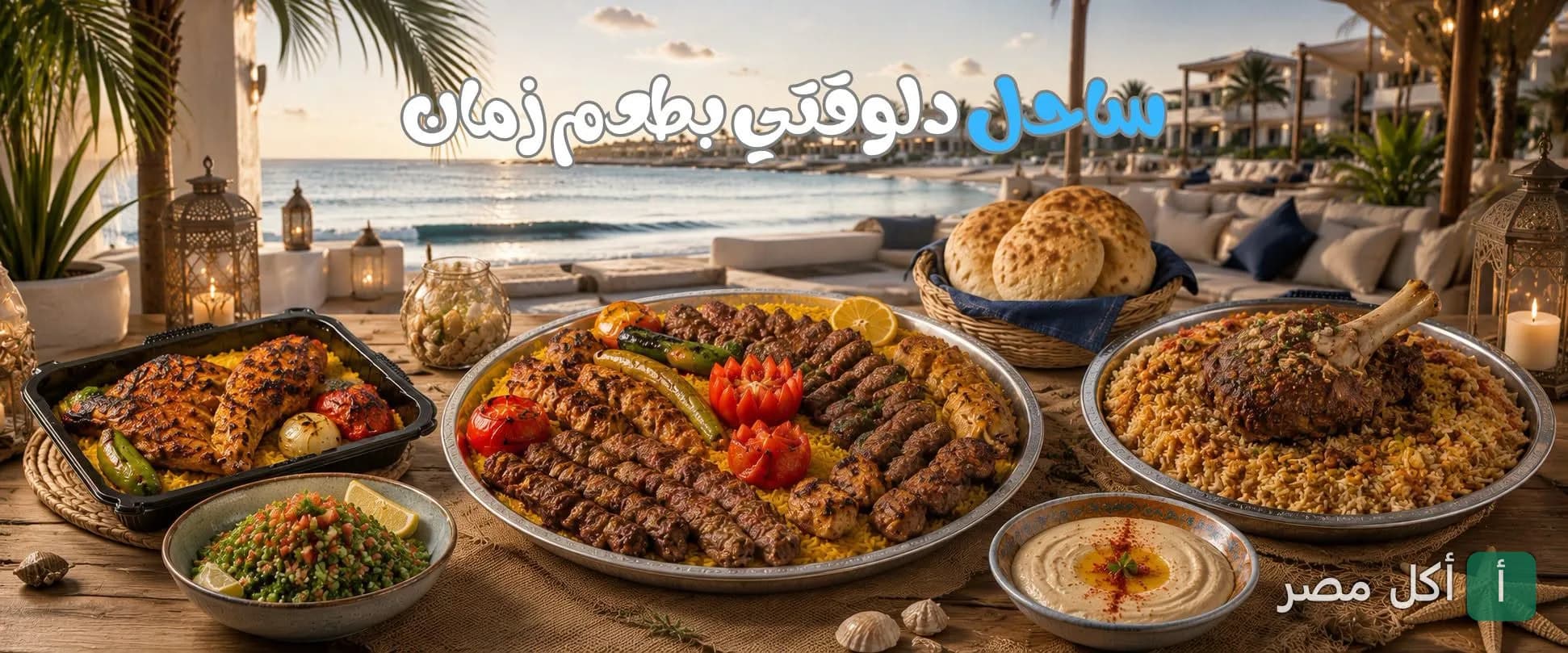 سفرة مشاوي ومندي متنوعة من قرية شيخ العرب في سيدي عبدالرحمن بالساحل الشمالي مع إطلالة مباشرة على البحر.