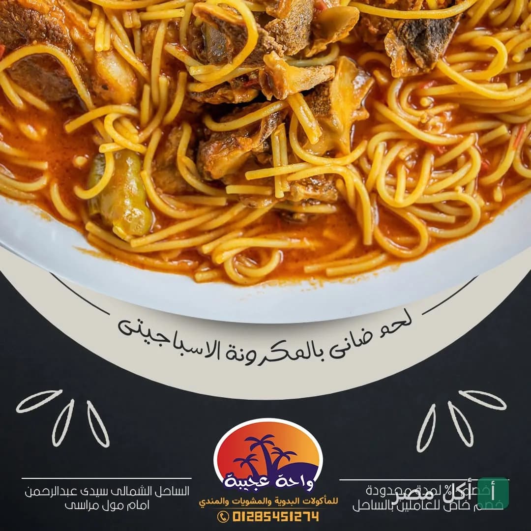 طبق مكرونة بالصلصة مع قطع لحم ضاني من مطعم واحة عجيبة في الساحل الشمالي.
