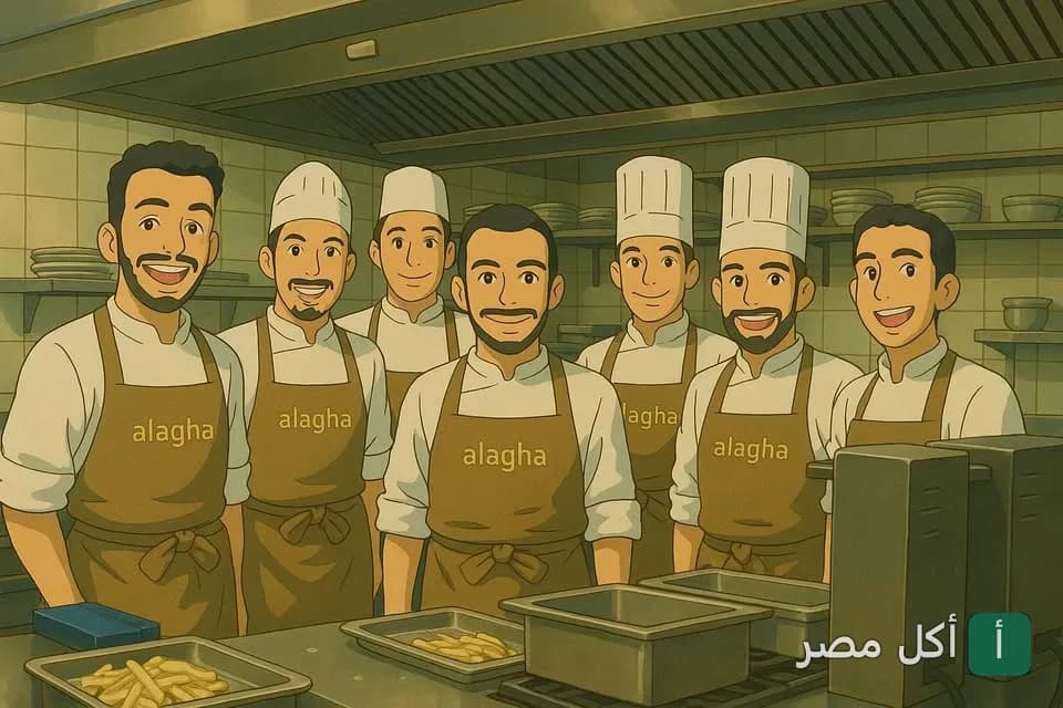 فريق عمل مطعم الأغا في مطبخ المطعم بسيدي عبد الرحمن في الساحل الشمالي.