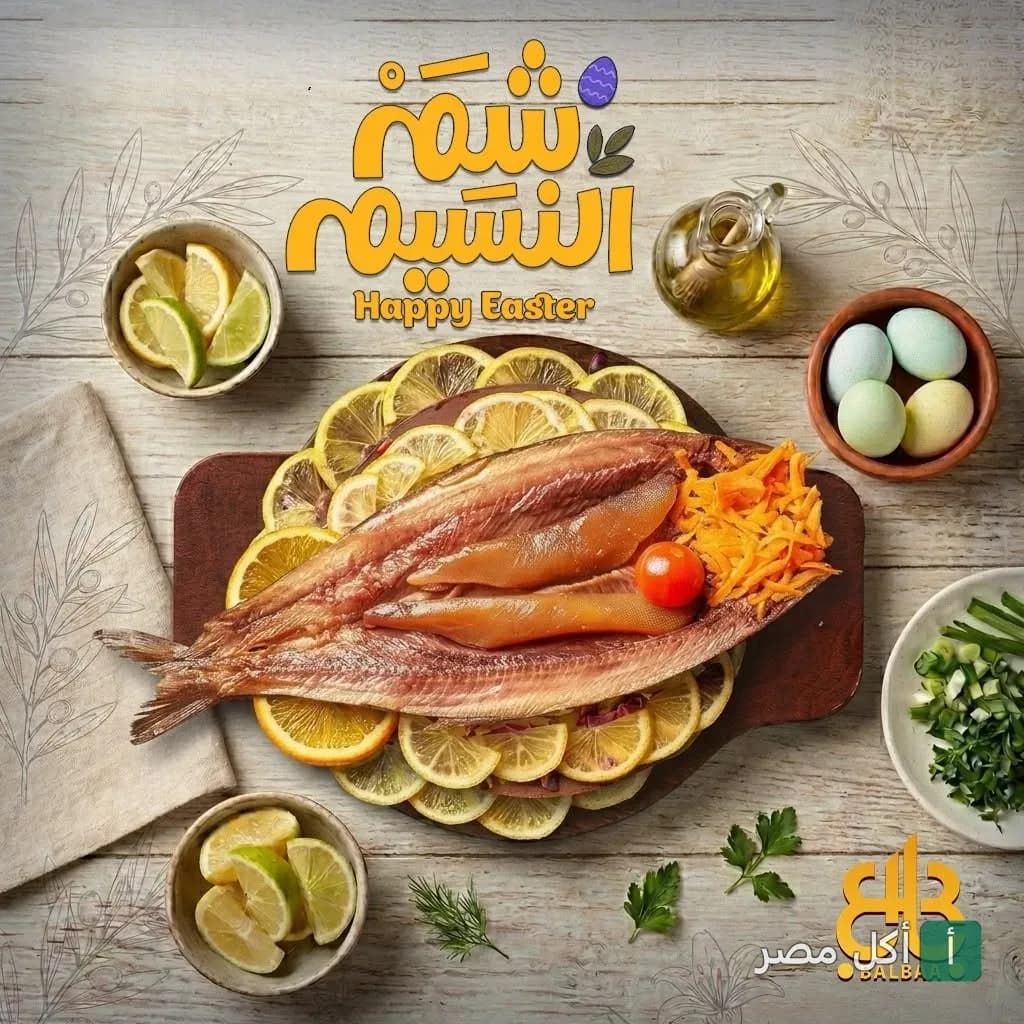 طبق فسيخ مزين بالليمون والجزر من مطعم قرية بلبع للمشويات والأسماك بالساحل الشمالي بمناسبة شم النسيم.