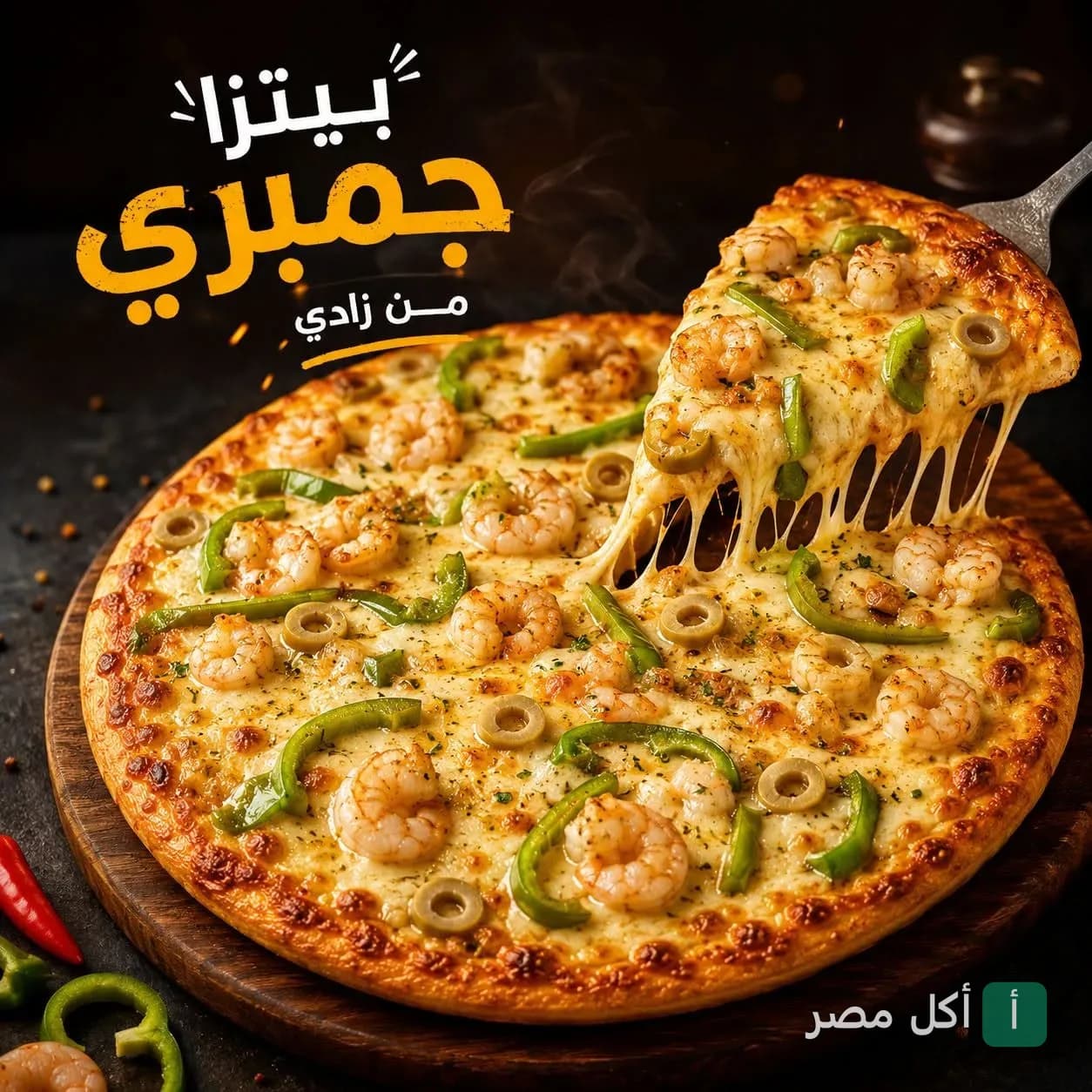 بيتزا جمبري بالجبنة السايحة من مطعم زادي بيتزا في السنطة.