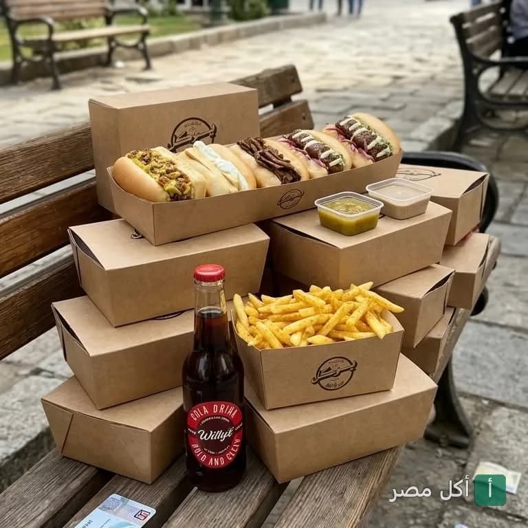 وجبات سريعة من مطعم يوكال الزمالك معبأة في علب كرتونية وبطاطس مقلية على مقعد خشبي.