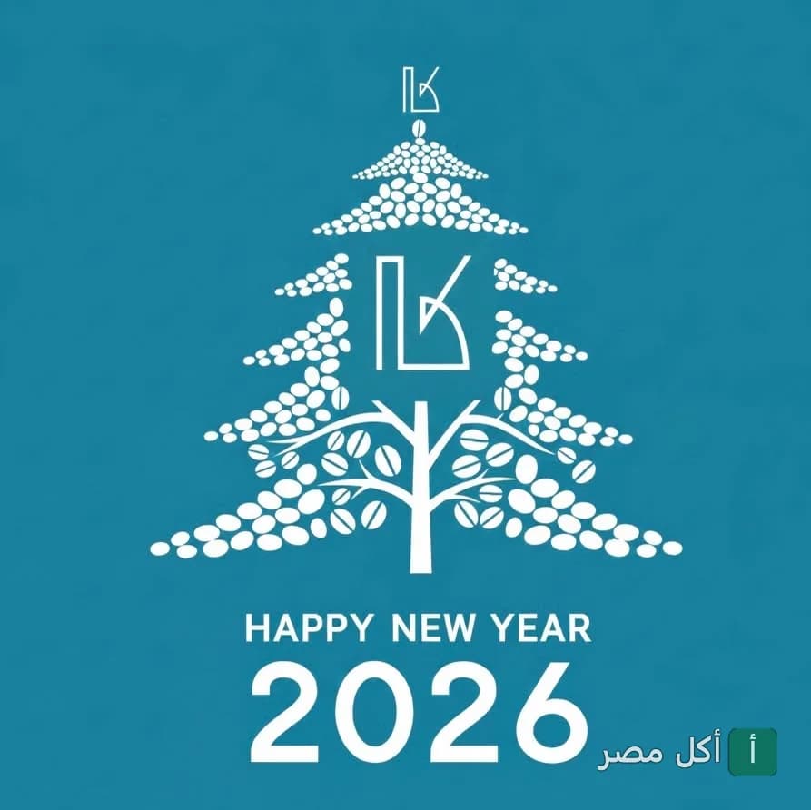 تصميم تهنئة بالعام الجديد 2026 من كافون، يظهر شجرة كريسماس مكونة من حبوب القهوة على خلفية زرقاء.