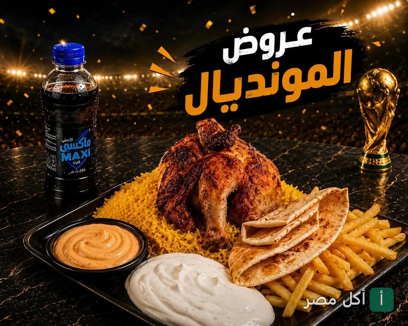 وجبة دجاج مشوي مع أرز وبطاطس مقلية وصوصات من مطعم صاج وشاورما بالزمالك ضمن عروض المونديال.