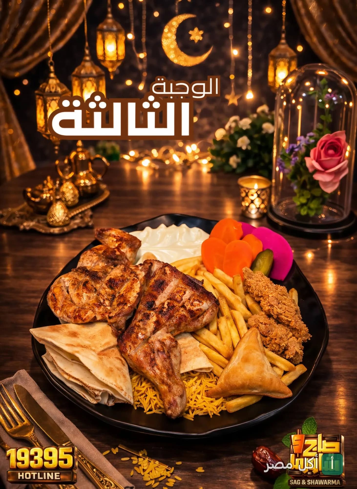 طبق مشاوي مشكل مع أرز وبطاطس مقلية من مطعم صاج وشاورما في الزمالك.