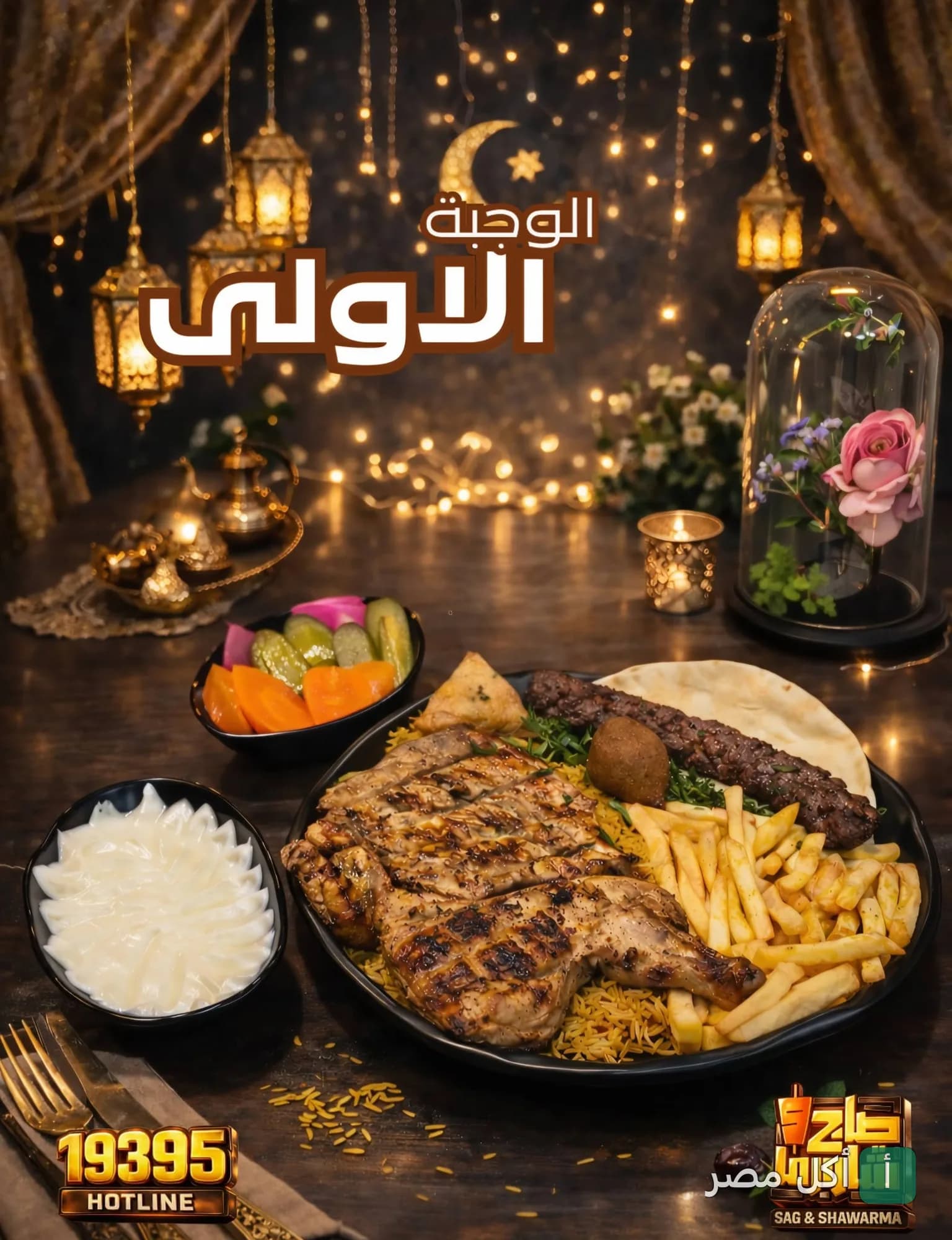 طبق مشاوي مشكل من مطعم صاج وشاورما بالزمالك مع أرز وبطاطس ومقبلات في أجواء رمضانية.