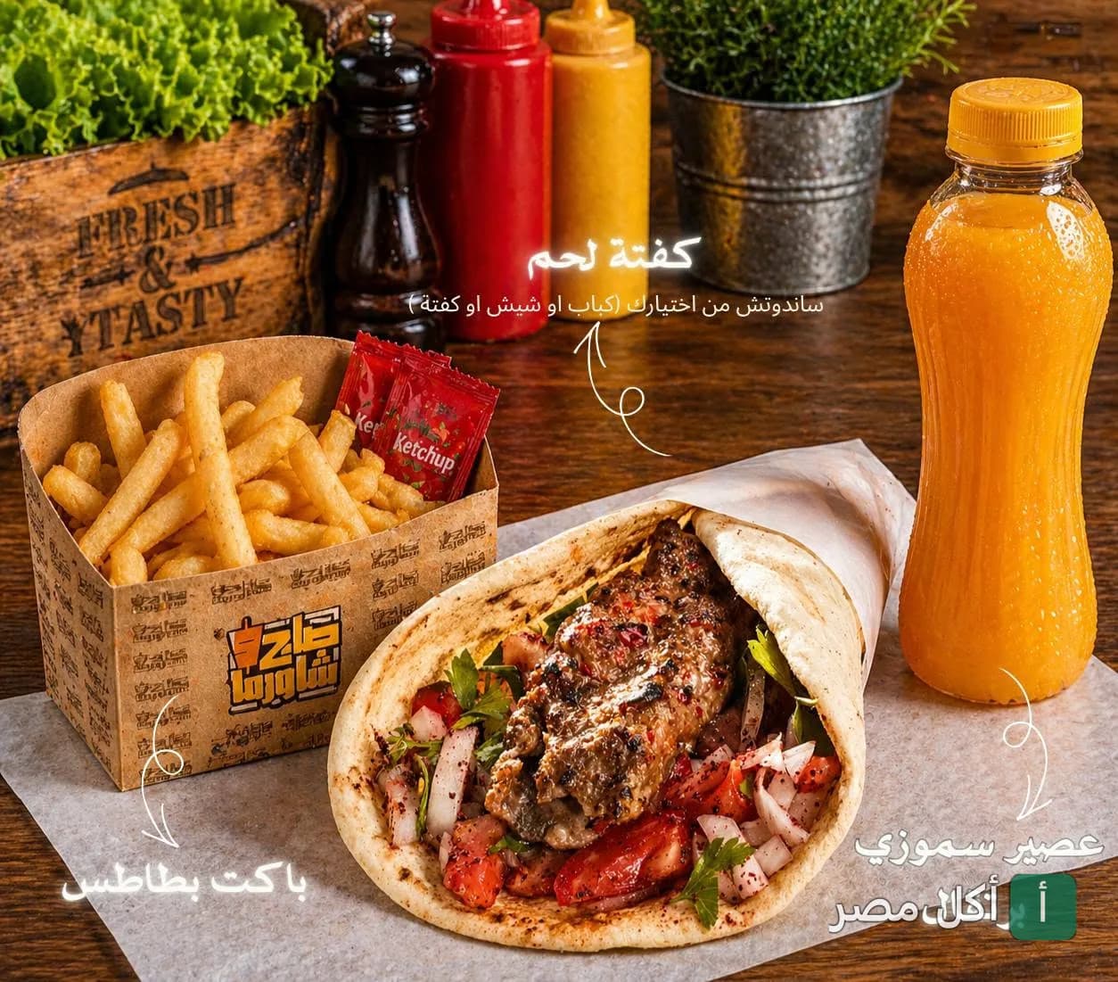 وجبة كفتة مشوية في خبز الصاج مع بطاطس مقلية وعصير من مطعم صاج وشاورما بالزمالك.