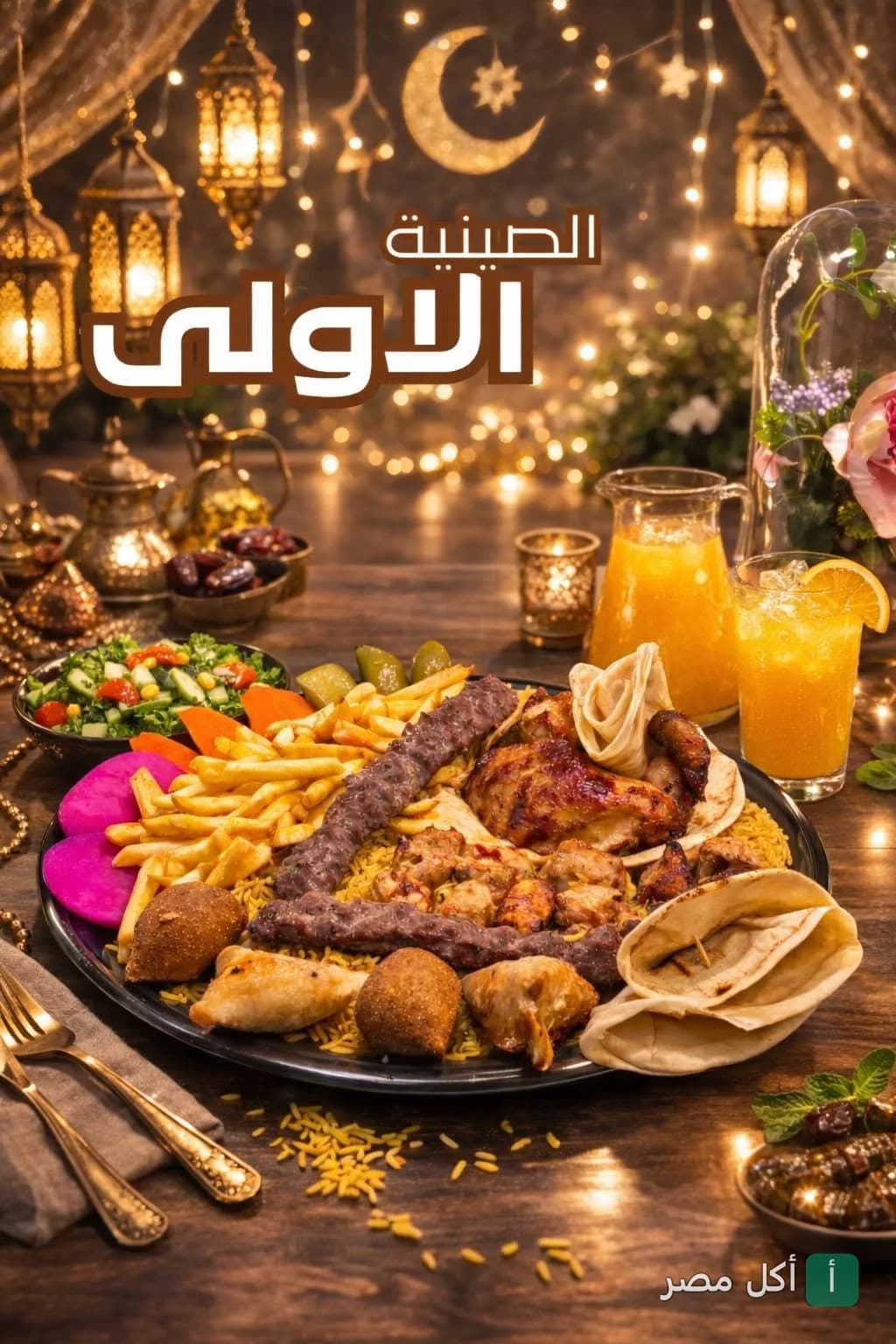 صينية مشاوي مشكلة مع مقبلات ومشروبات في مطعم صاج وشاورما بالزمالك.