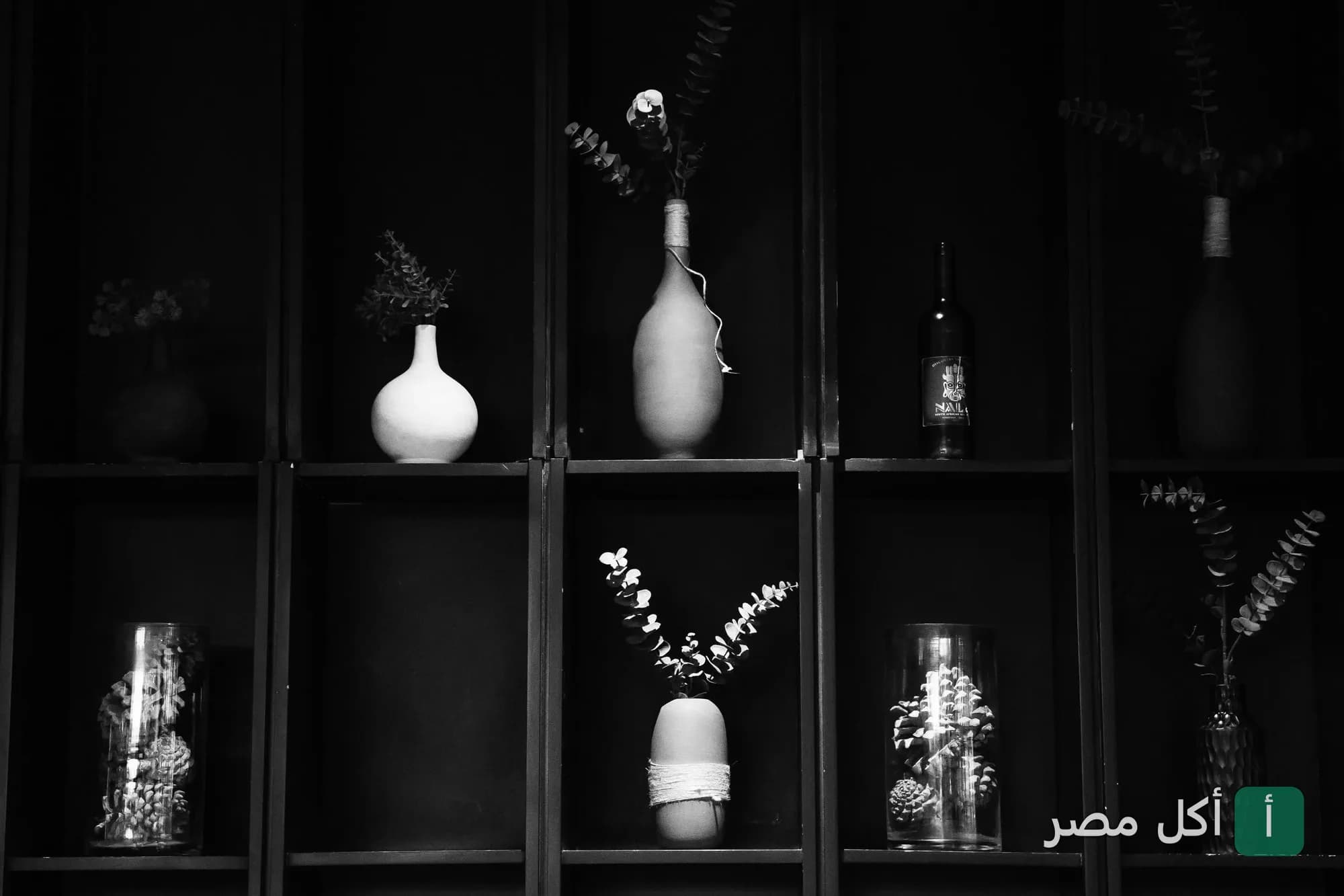 ديكور حائط في مطعم بينج القاهرة يضم أرفف سوداء تحتوي على مزهريات ونباتات وزجاجات.