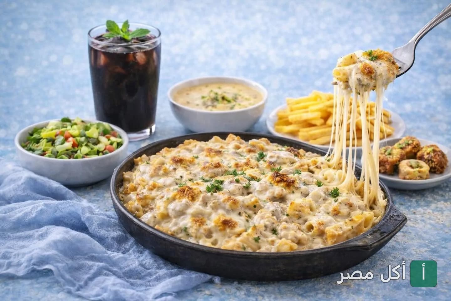 طبق مكرونة بالجبنة السايحة مع مقبلات ومشروب في مطعم ومقهى ستوريا بمدينة نصر.