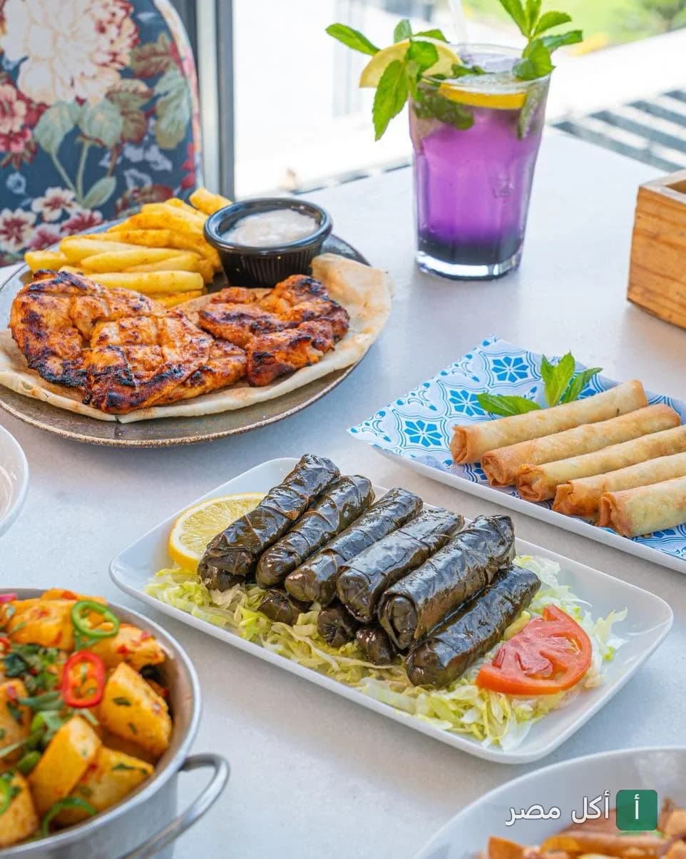 تشكيلة أطباق شرقية متنوعة من مطعم عنب بيروت في فيليج مول، تشمل ورق عنب ومشاوي ومقبلات ومشروب منعش.