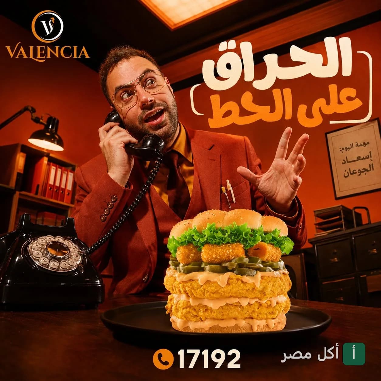 إعلان ترويجي لوجبة ساندوتش دجاج حار من مطعم فالنسيا وسط البلد بالقاهرة.