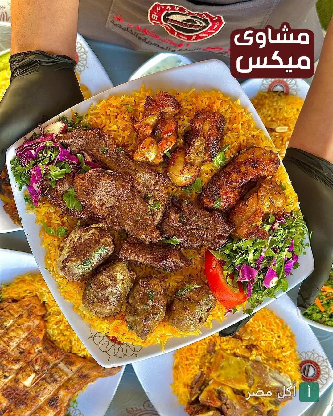 طبق مشويات مشكل مع أرز أصفر وسلطة من مطعم أرض الحضارة بالمنيل الغربي