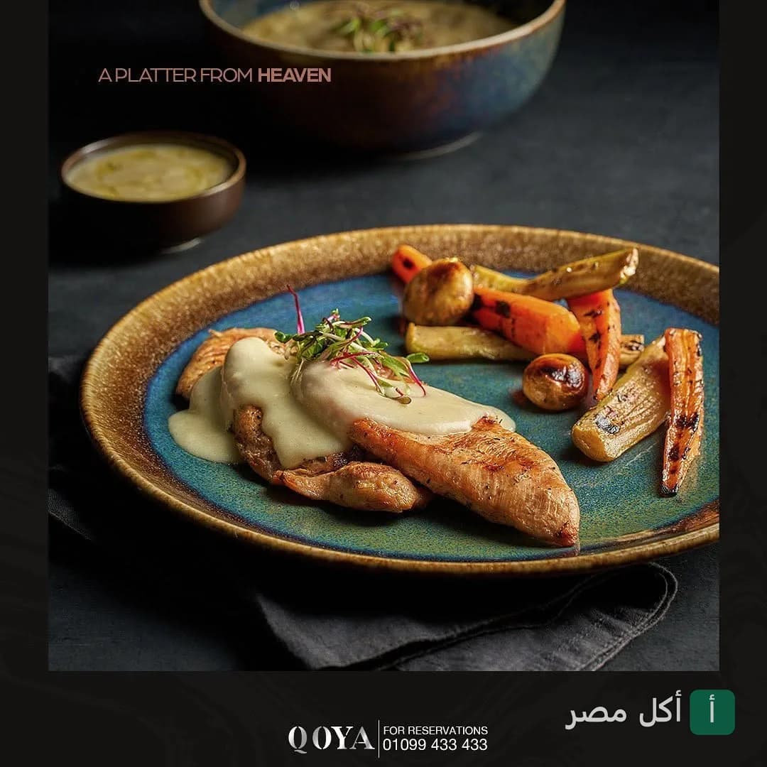 طبق دجاج مشوي بصوص أبيض مع خضروات مشوية في مطعم قويا بالقاهرة