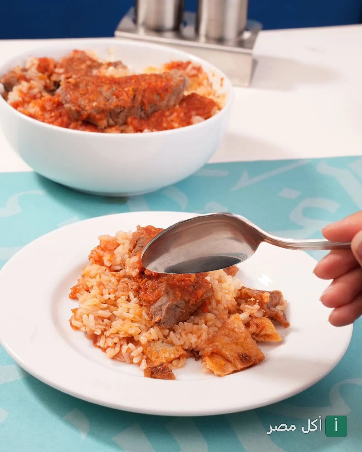 طبق أرز باللحمة والصلصة من مطعم فسحة سمية بباب اللوق في القاهرة.