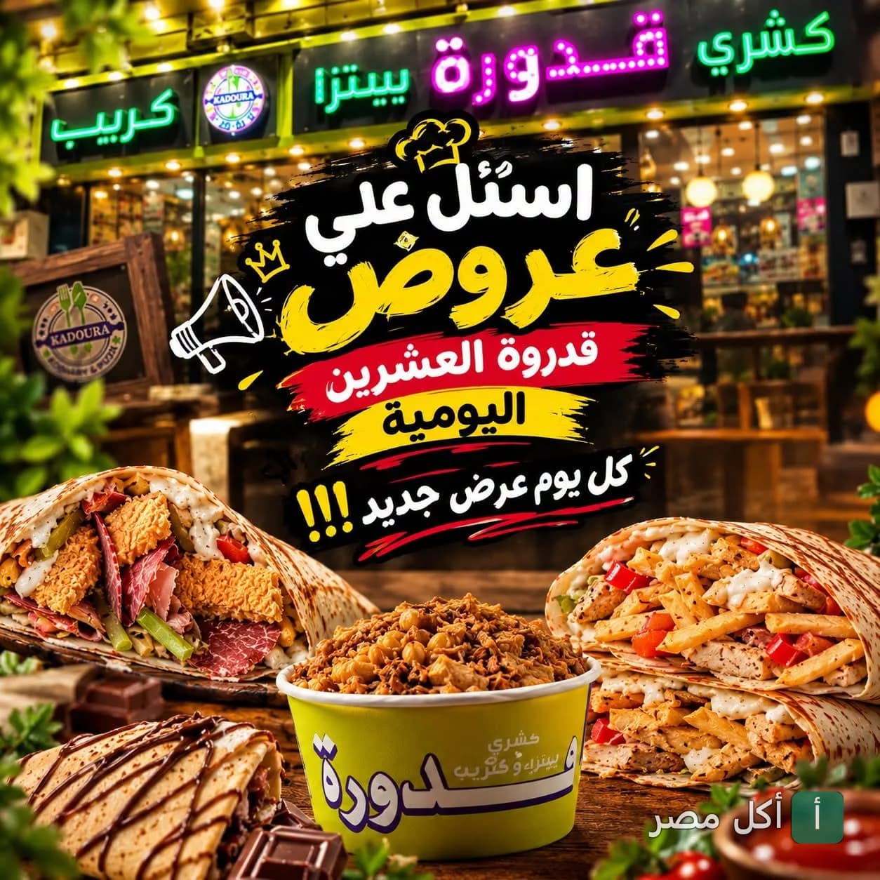 إعلان عروض مطعم كشري وبيتزا قدورة في بولاق الدكرور مع صور لأطباق الكشري والكريب والبيتزا.
