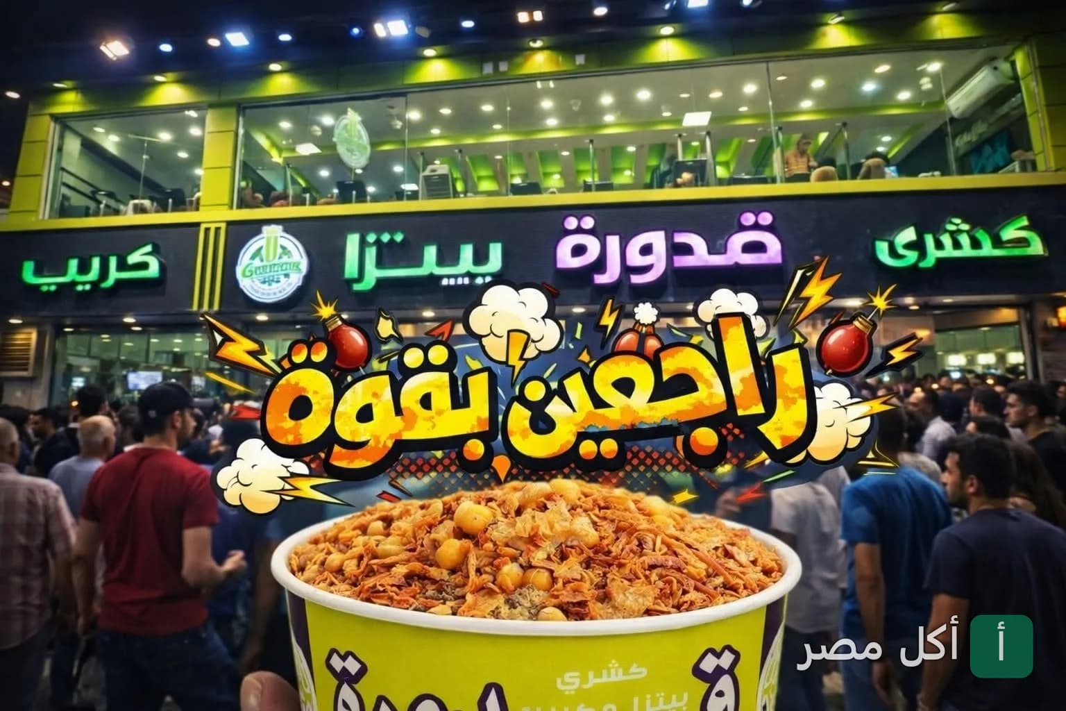 واجهة مطعم كشري وبيتزا قدورة في بولاق الدكرور بالجيزة مع طبق كشري في المقدمة.