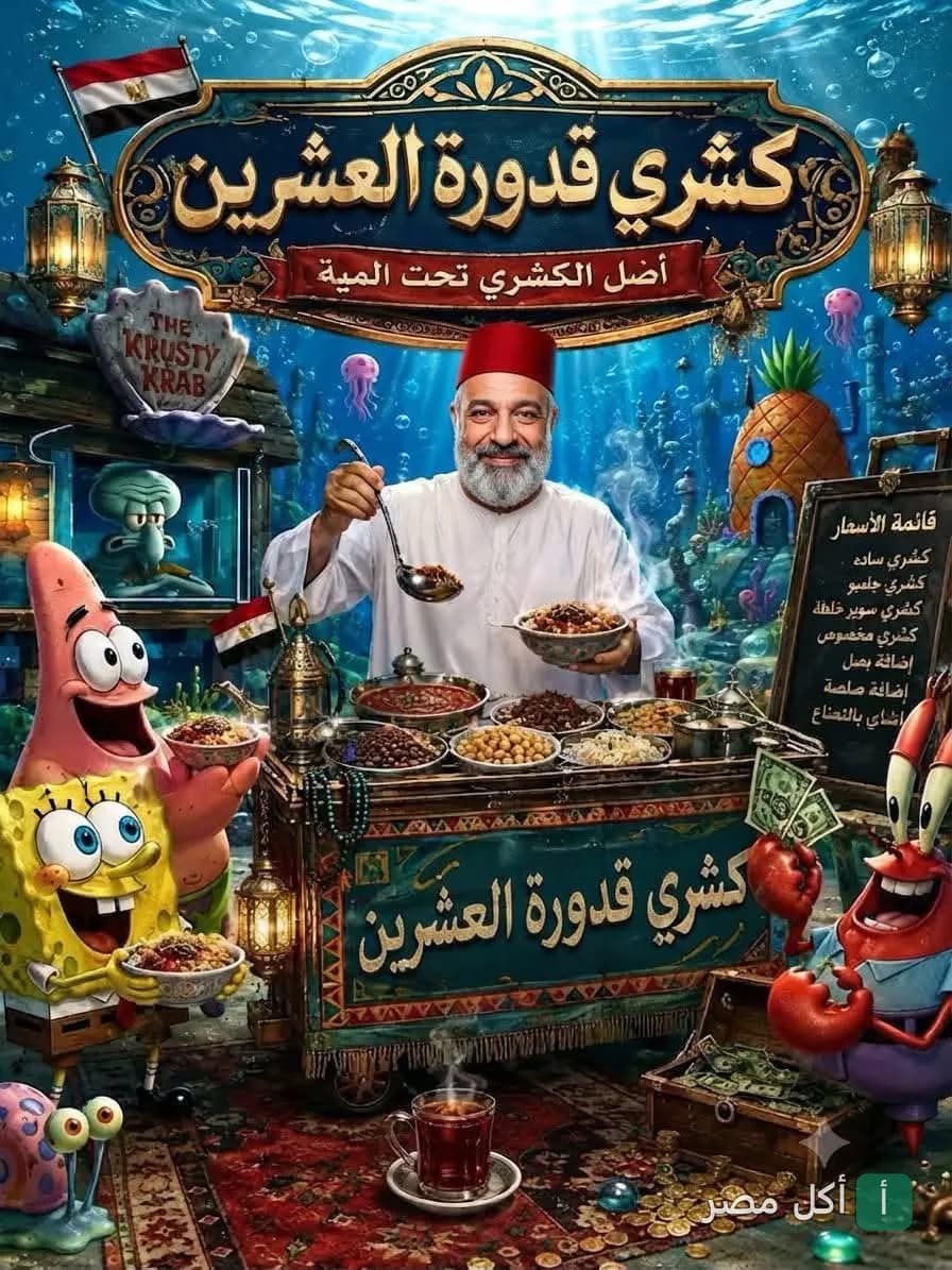 إعلان كشري وبيتزا قدورة في بولاق الدكرور يظهر بائع كشري مع شخصيات كرتونية تحت الماء.