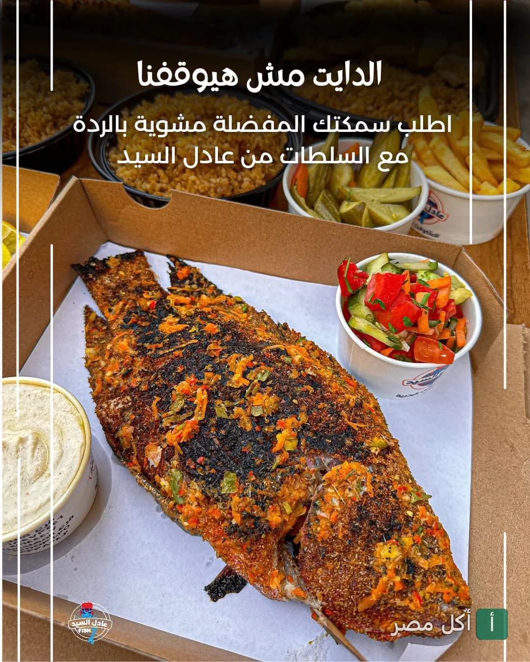 وجبة سمك مشوي بالردة مع سلطة خضراء وطحينة من مطعم أسماك عادل السيد في شارع السودان بالعجوزة.