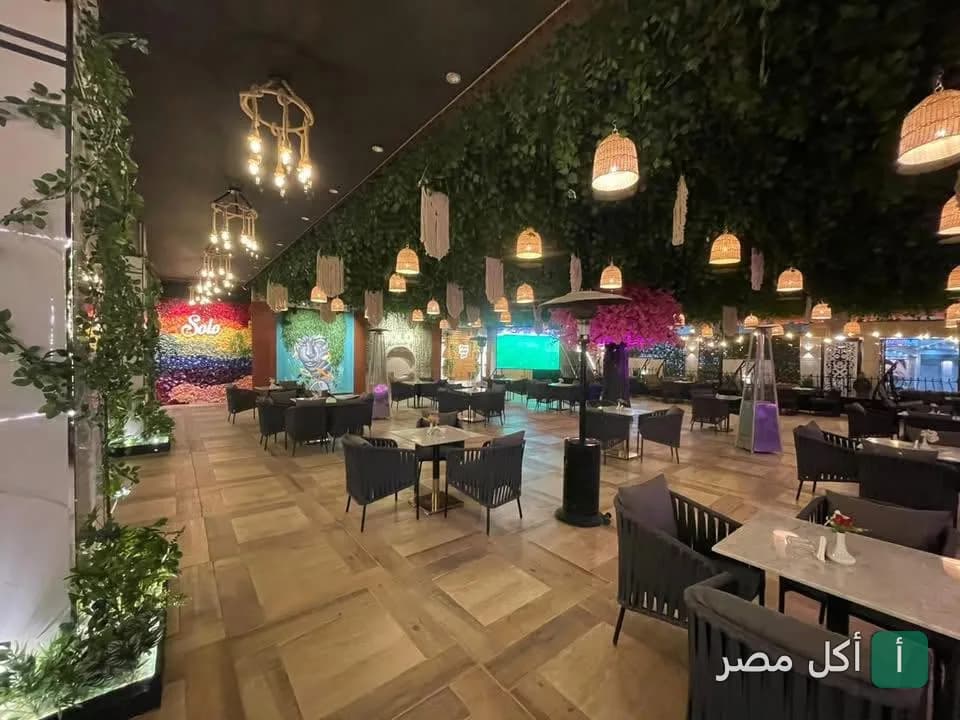 جلسات خارجية أنيقة ومزينة بالنباتات والإضاءة في مطعم وكافيه سولو بميدان عمان في الدقي.