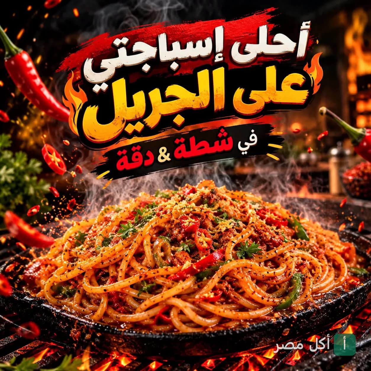 طبق مكرونة سباجيتي حار على الجريل في مطعم شطة ودقة ببولاق الدكرور، الجيزة.