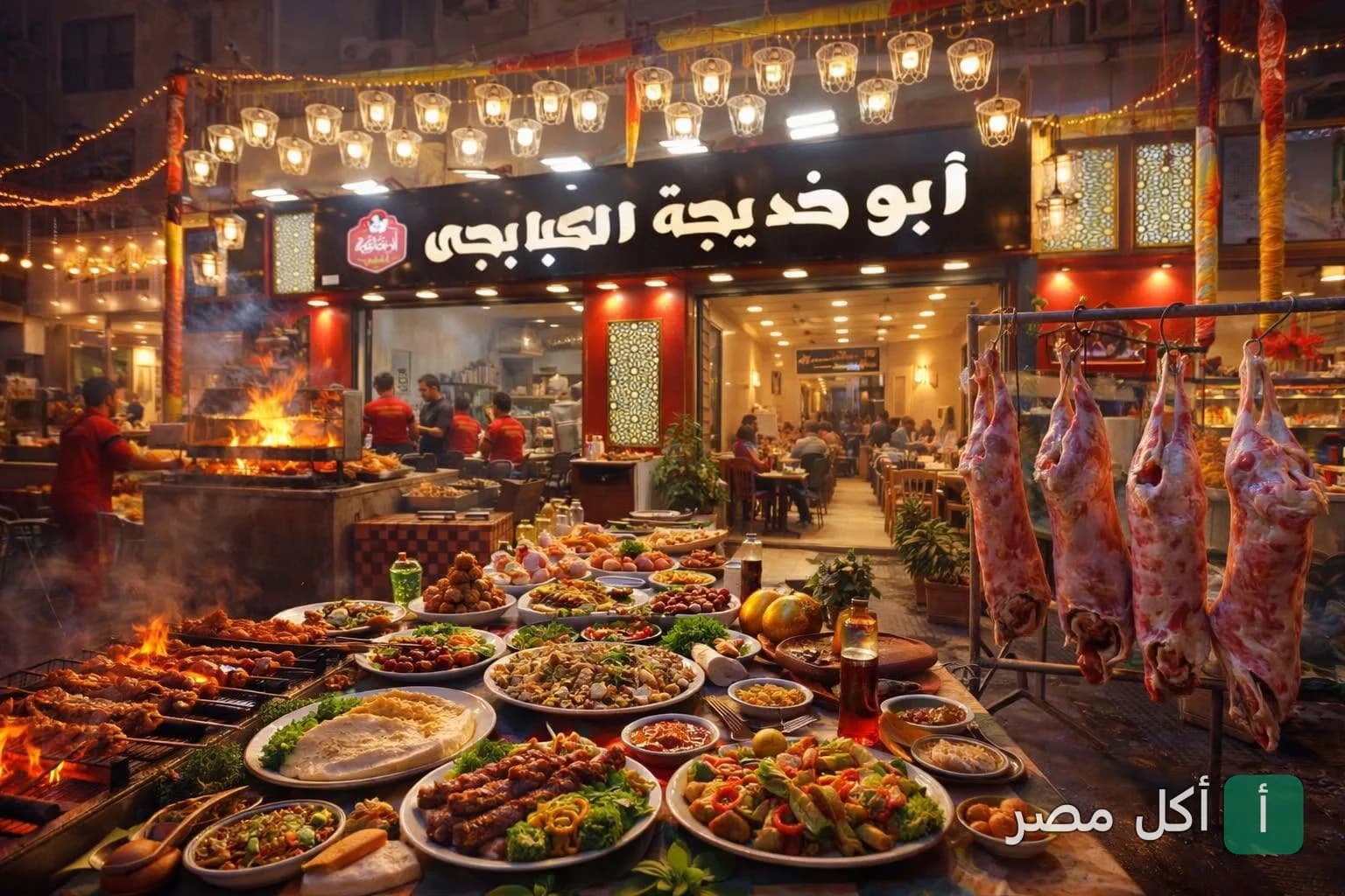واجهة مطعم أبو خديجة كبابجي في بولاق الدكرور مع طاولة مليئة بالمشويات واللحوم المعلقة.