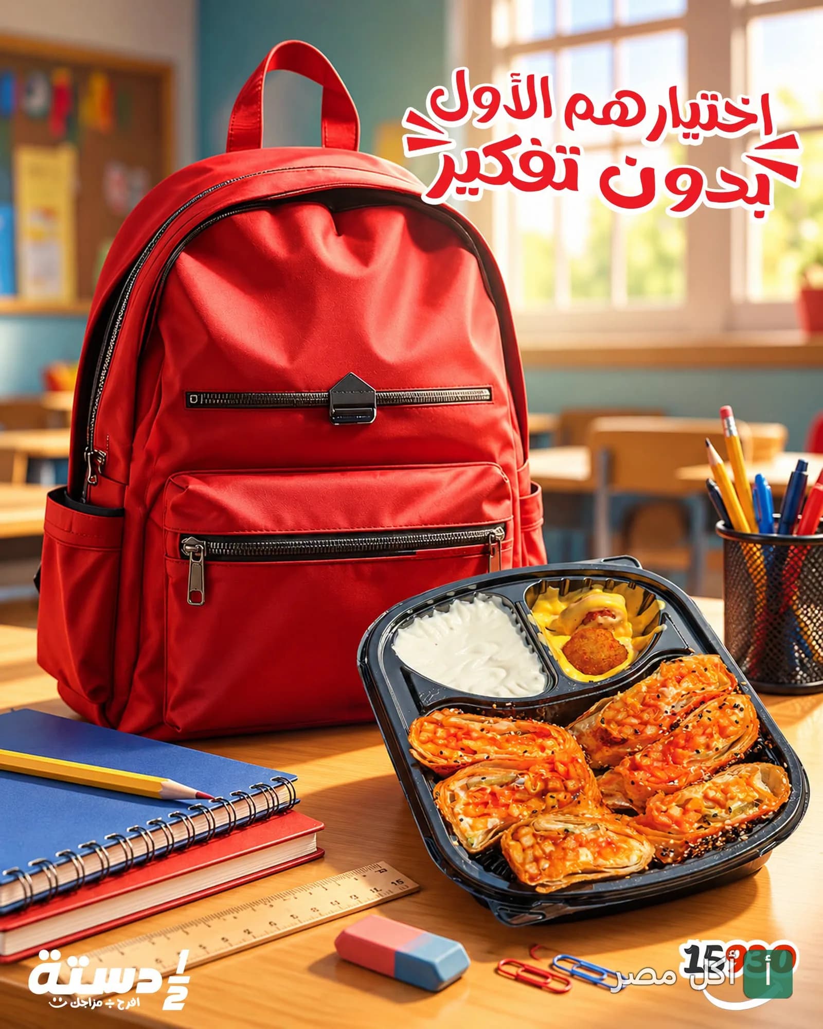 وجبة شاورما من مطعم نص دستة في الدقي مقدمة في علبة مقسمة بجانب حقيبة مدرسية وأدوات مكتبية.