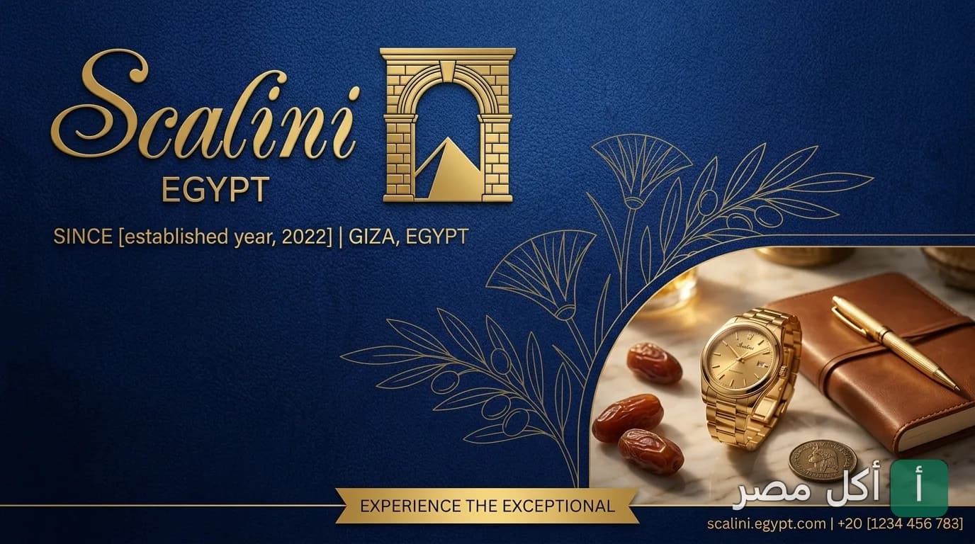 غلاف مطعم سكاليني في بالم هيلز، 6 أكتوبر، يظهر شعار المطعم الذهبي على خلفية زرقاء داكنة.
