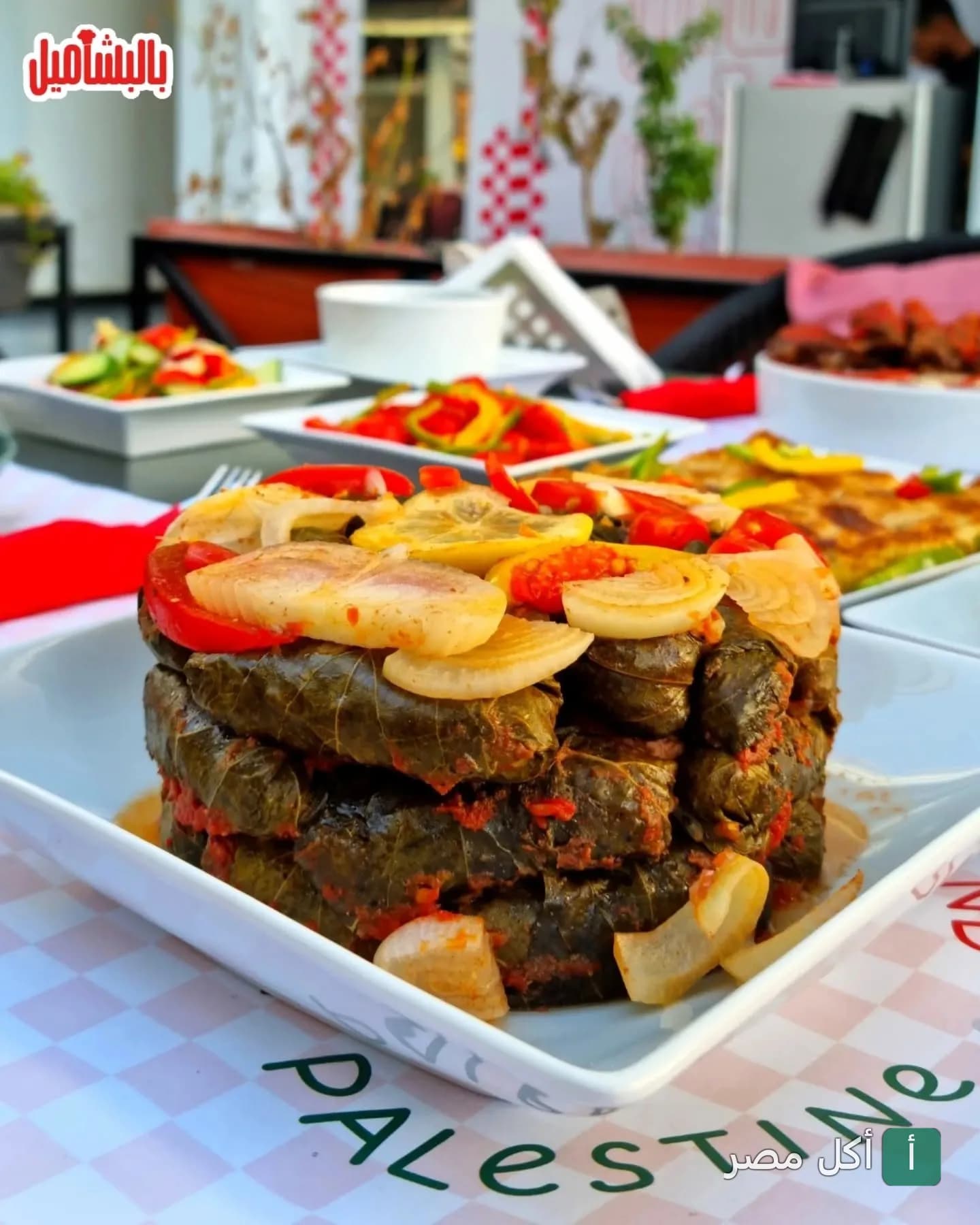 طبق محشي ورق عنب مزين بشرائح الليمون والبصل في مطعم بالبشاميل بمدينة 6 أكتوبر.