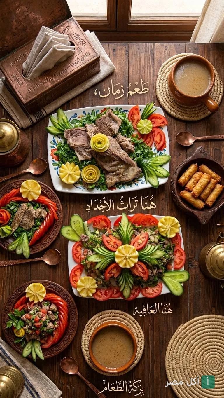 مائدة طعام مصرية تقليدية متنوعة من مطعم ومسمط الخال في 6 أكتوبر.