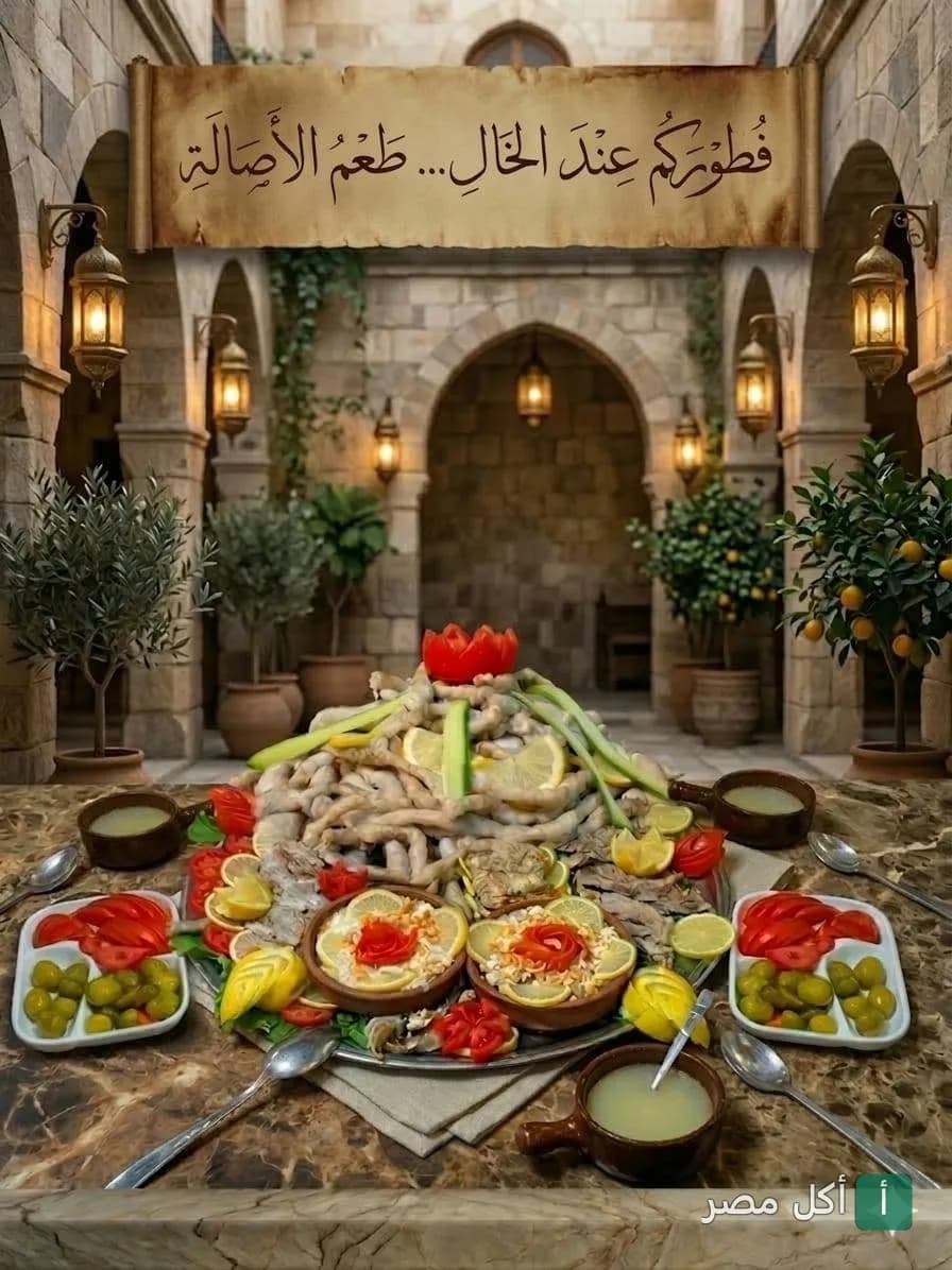 طبق مشكل من مسمط الخال في 6 أكتوبر مع مقبلات ومخللات في أجواء تراثية.