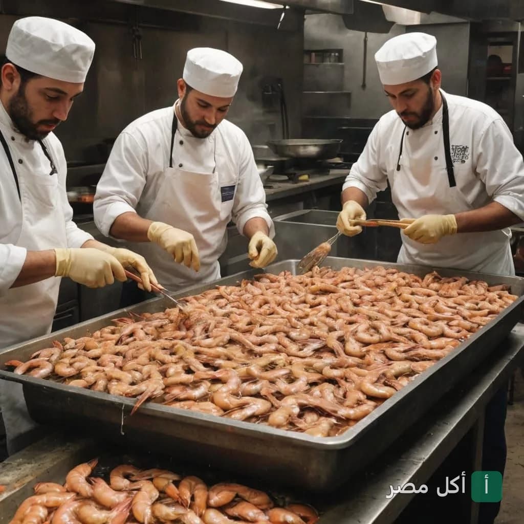 طهاة يرتدون زي الطبخ الأبيض في مطبخ شريمبي بمدينة 6 أكتوبر يقومون بتحضير صينية كبيرة من الجمبري.