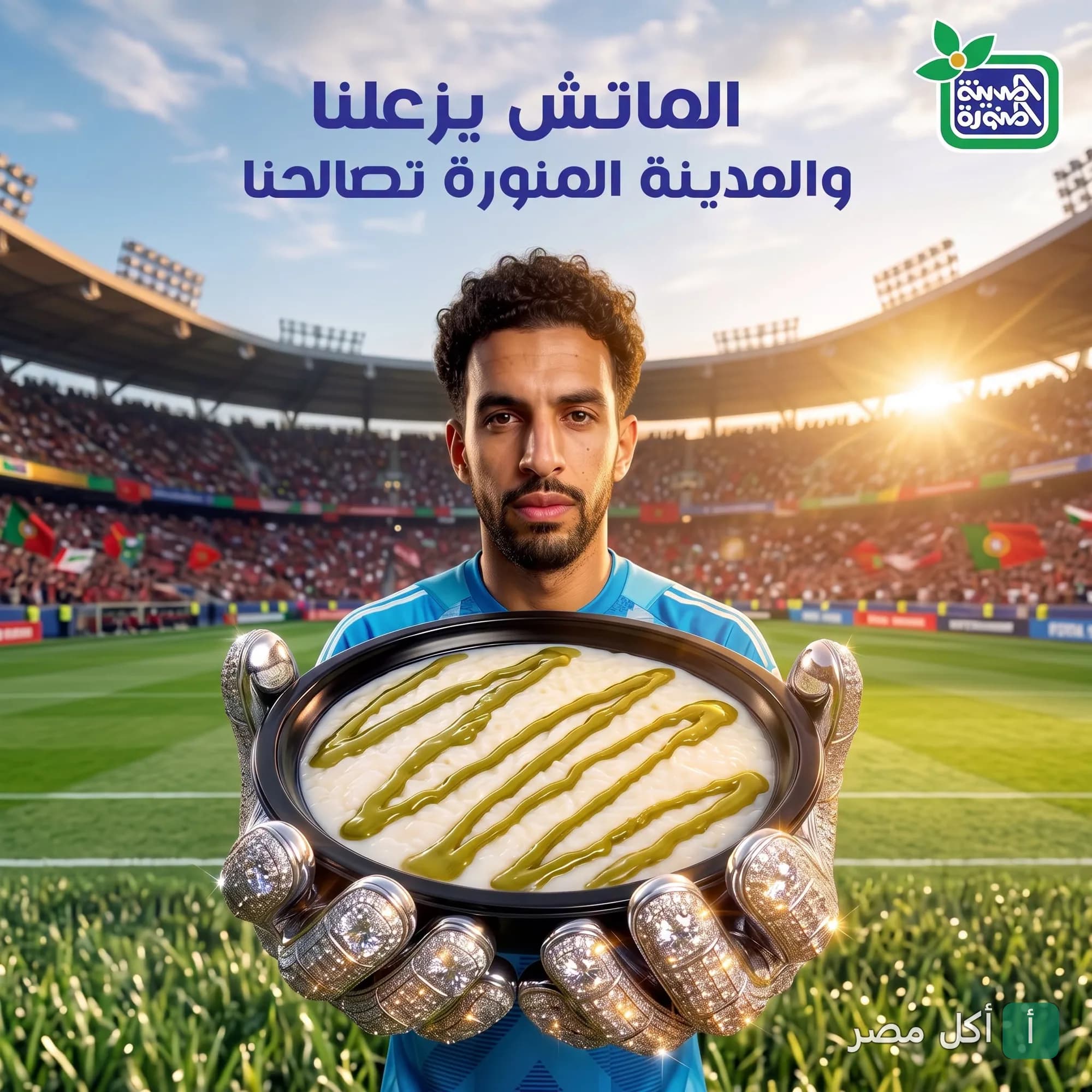 لاعب كرة قدم يرتدي قفازات حراسة المرمى ويحمل طبق أرز باللبن من البان المدينة المنورة في 6 أكتوبر.