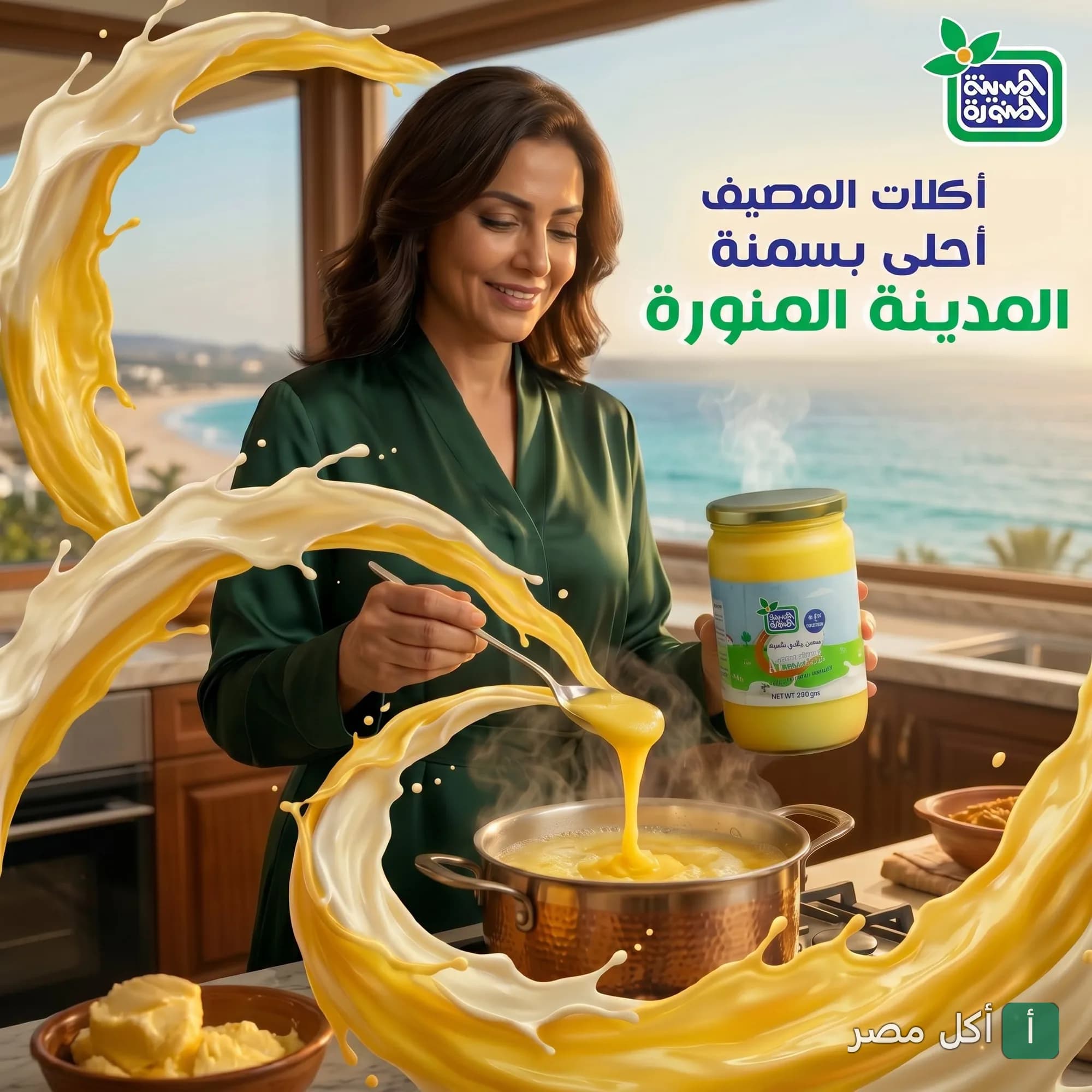 سيدة تطبخ باستخدام سمنة المدينة المنورة في مطبخ يطل على البحر.