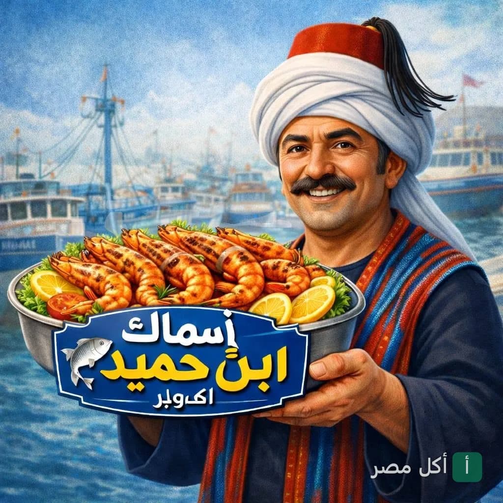 رجل يرتدي زيًا تقليديًا يحمل طبق جمبري مشوي أمام مركب صيد، شعار مطعم أسماك ابن حميدو في 6 أكتوبر.