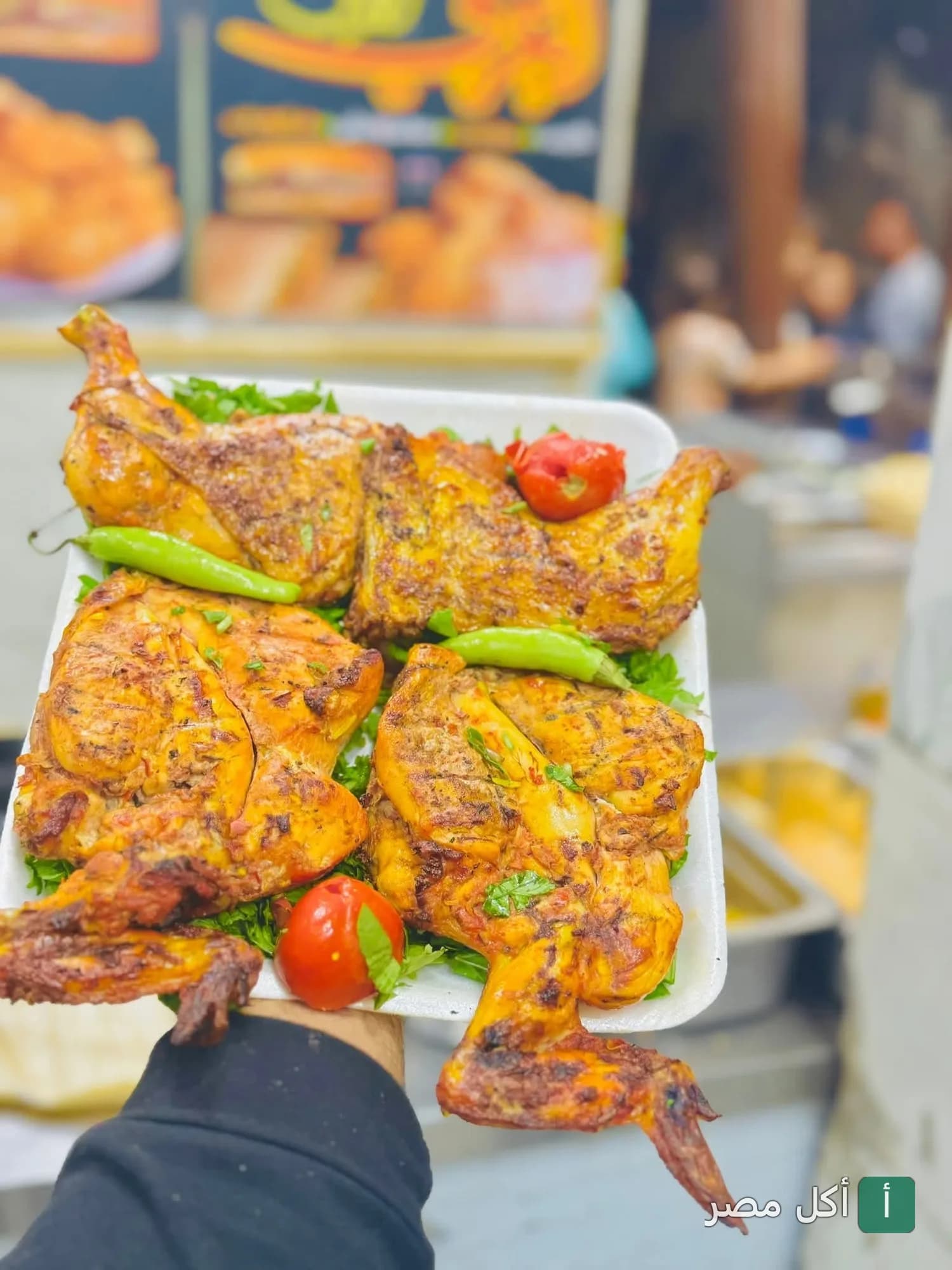 طبق دجاج مشوي على الفحم مزين بالخضروات في مطعم عرب بني صالح بأطفيح.