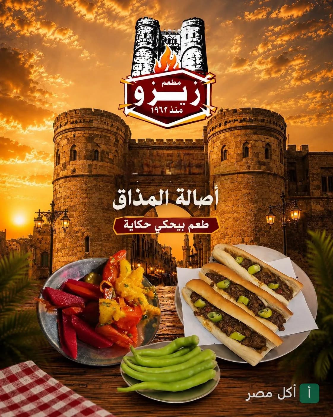 صورة ترويجية لسندوتشات كافتريا زيزو مع مخلل وفلفل أخضر أمام خلفية تاريخية لقلعة.