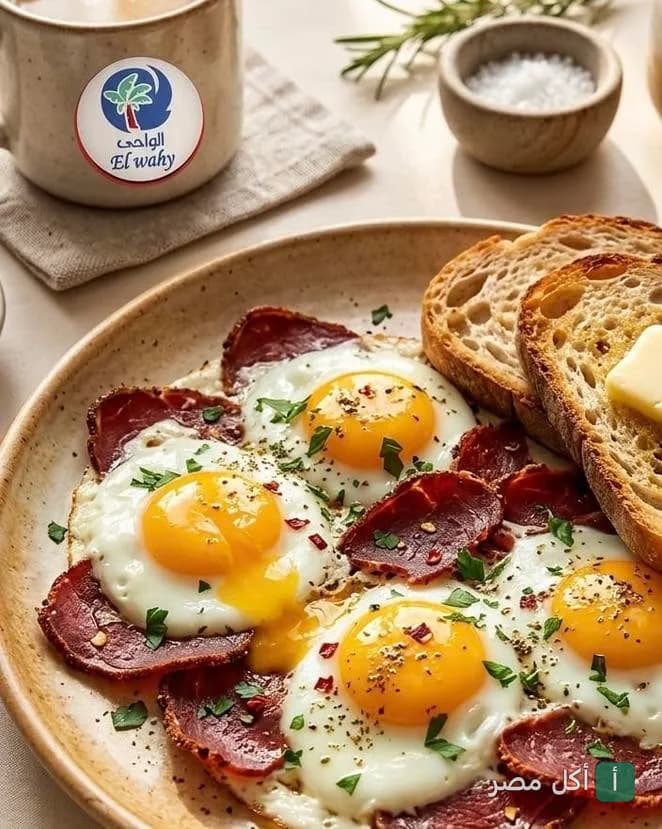 طبق بيض بالبسطرمة مع خبز محمص في مطعم الواحي بأطفيح.