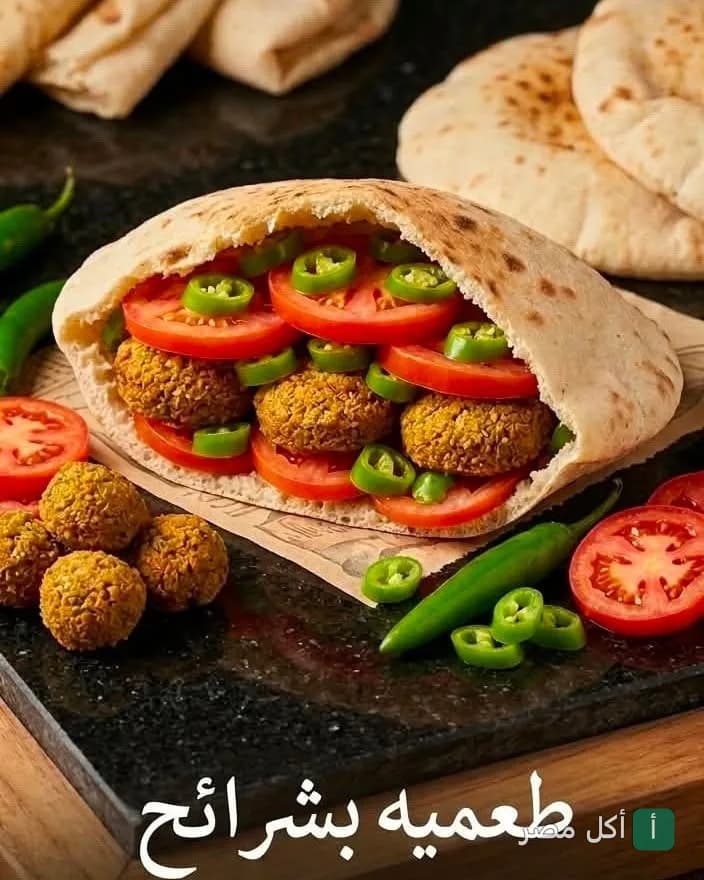 ساندوتش طعمية في خبز بلدي مع شرائح طماطم وفلفل حار من مطعم الواحى بأطفيح