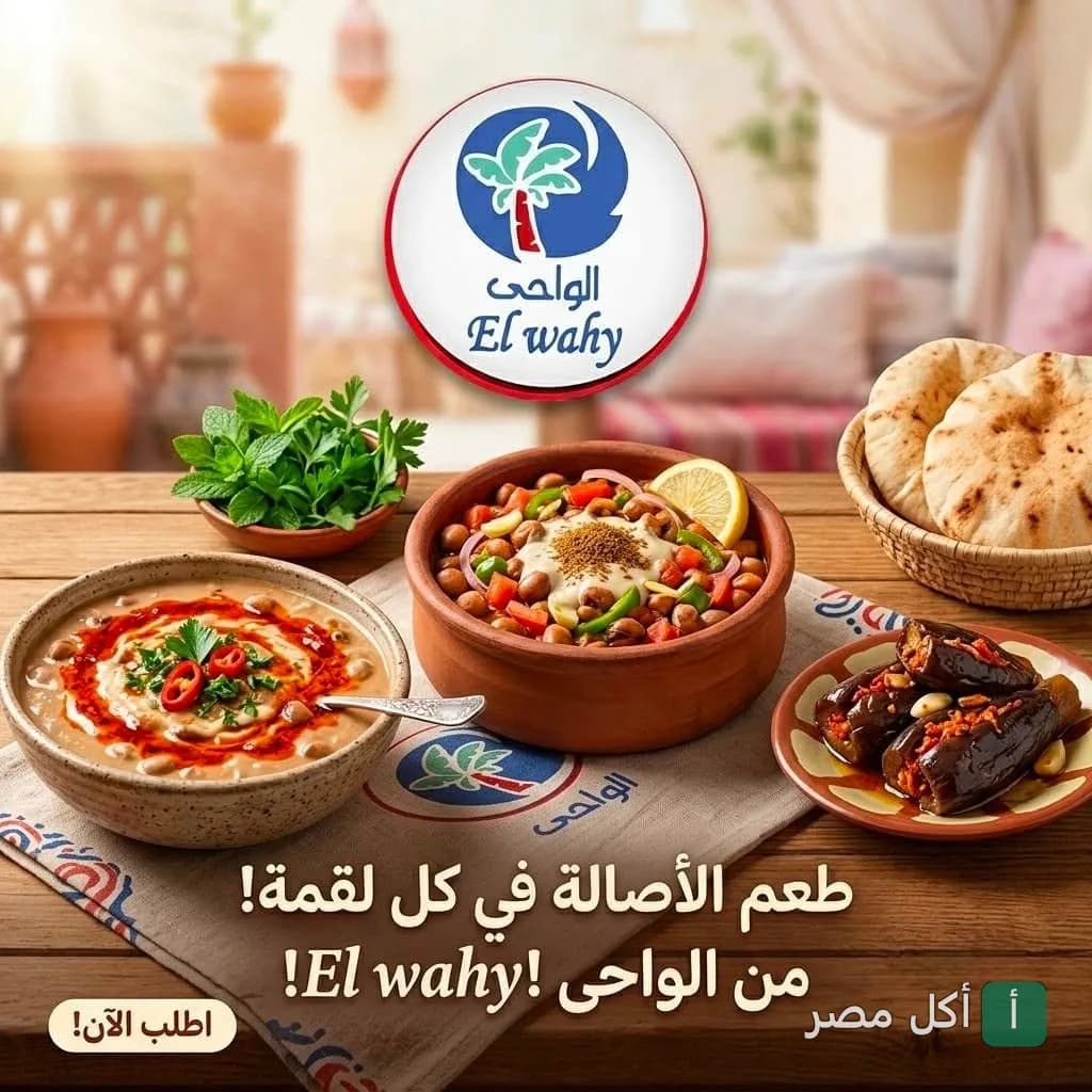 مائدة إفطار مصرية تقليدية تضم أطباق الفول والباذنجان المخلل مع خبز طازج في مطعم الواحى بأطفيح.