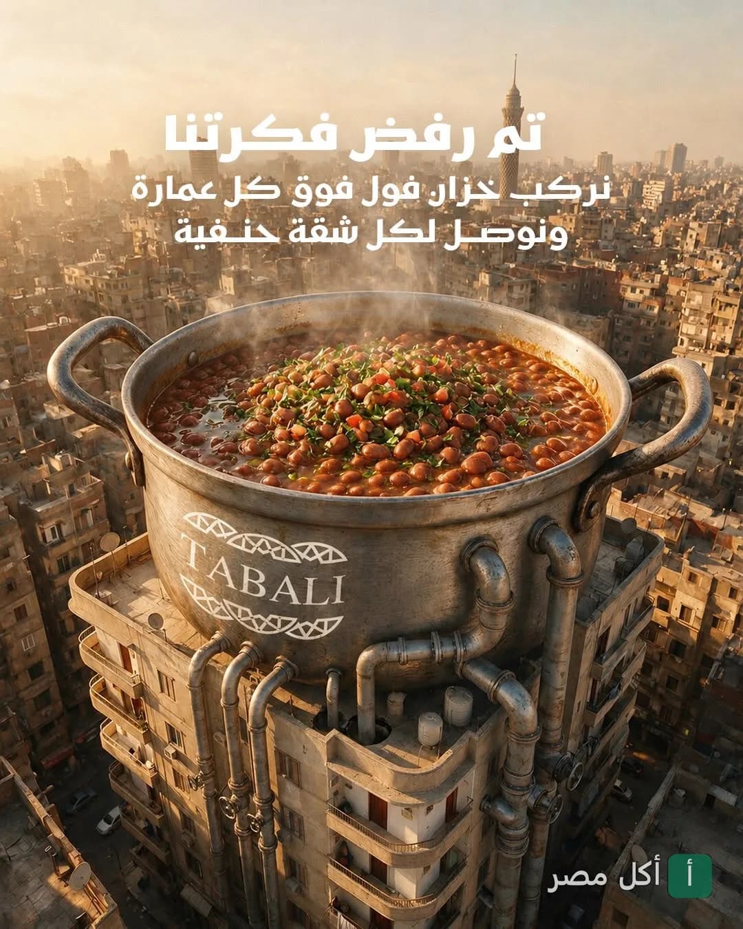 إعلان إبداعي لمطعم تبالي يظهر قدر فول ضخم فوق عمارة سكنية في القاهرة.