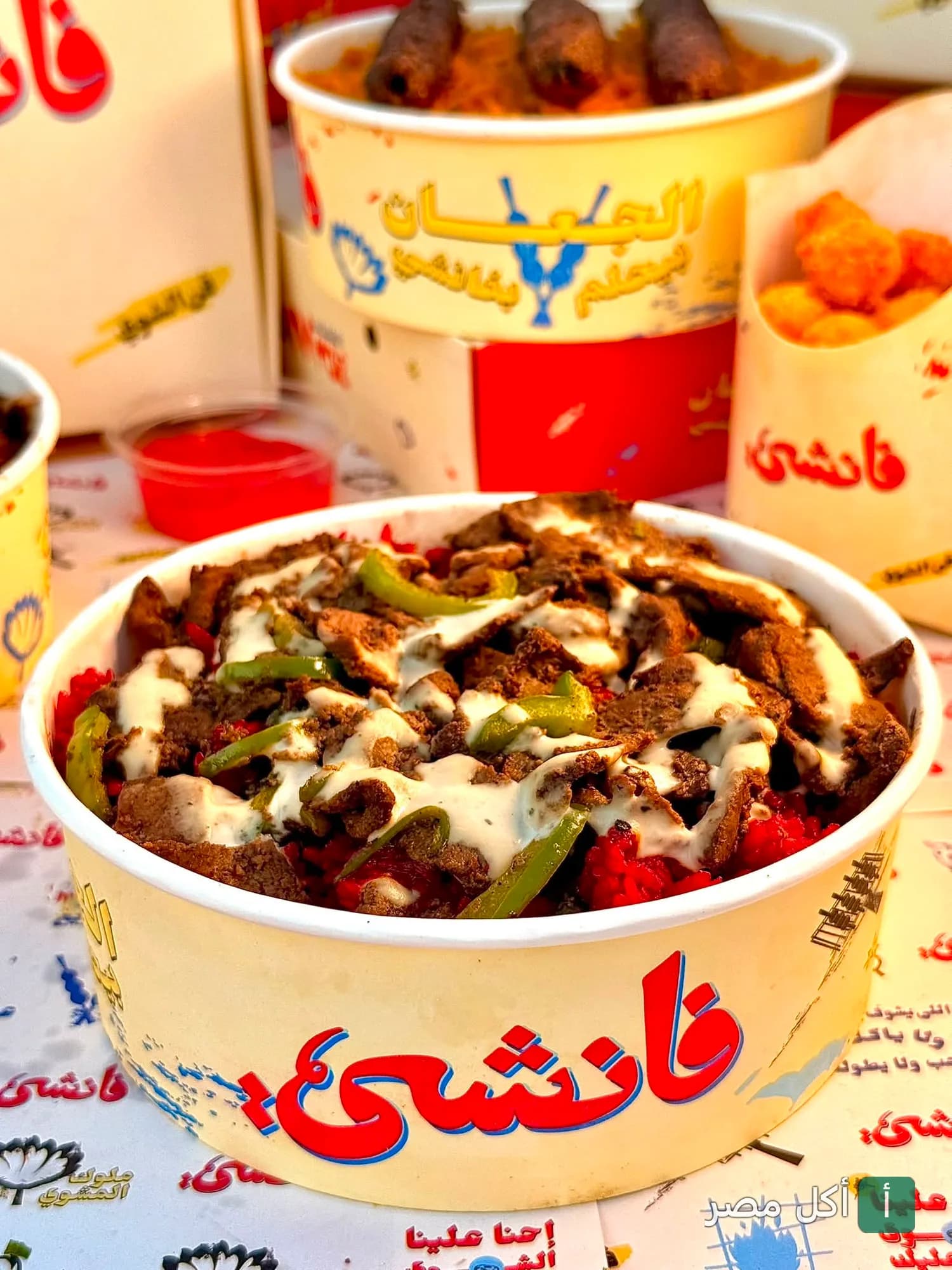 وجبة أرز باللحم والخضروات في علبة تحمل شعار مطعم لقمة فانشي.