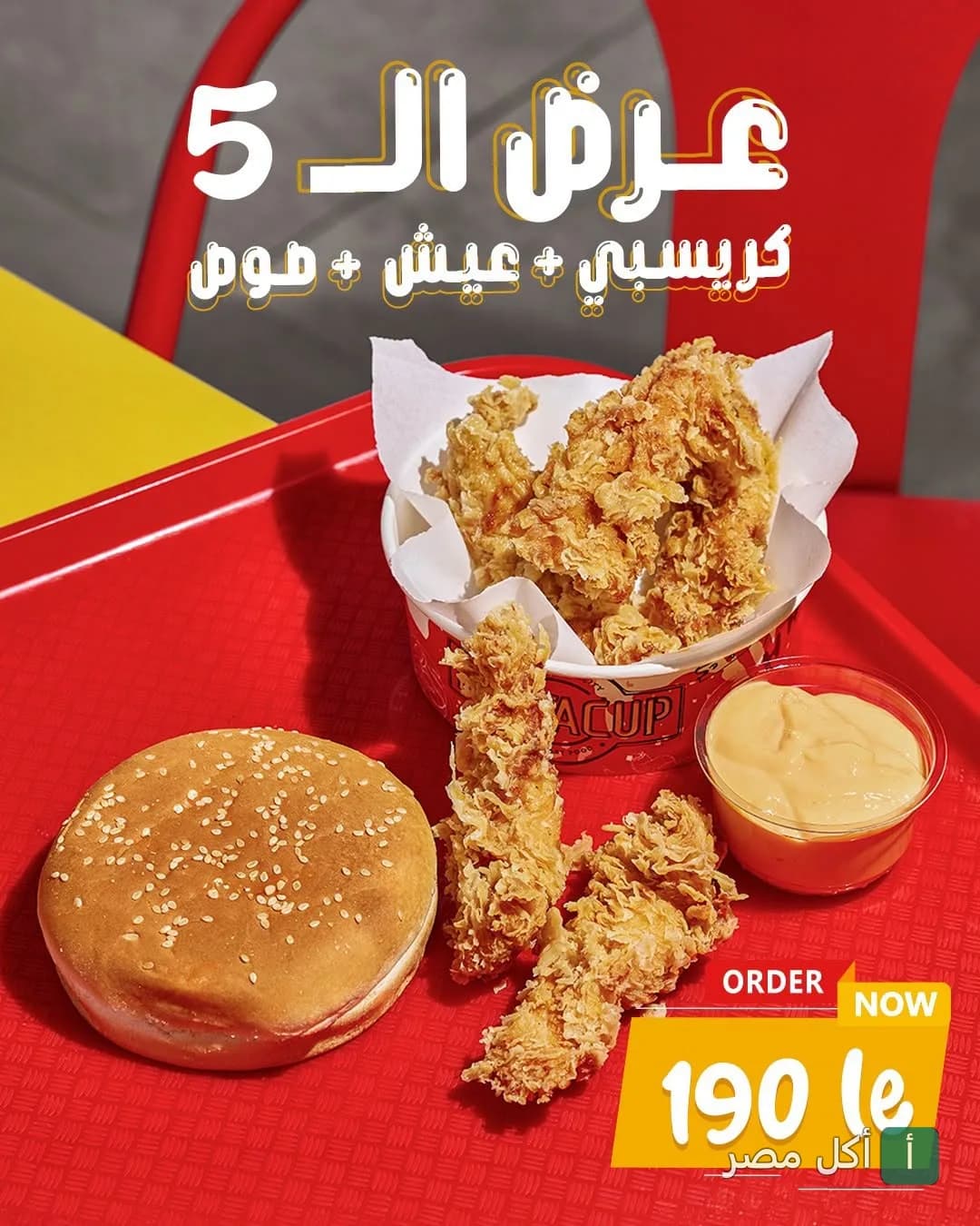 عرض باستاكوب في الأهرام: وجبة دجاج كريسبي مع خبز وصوص في طبق أحمر.