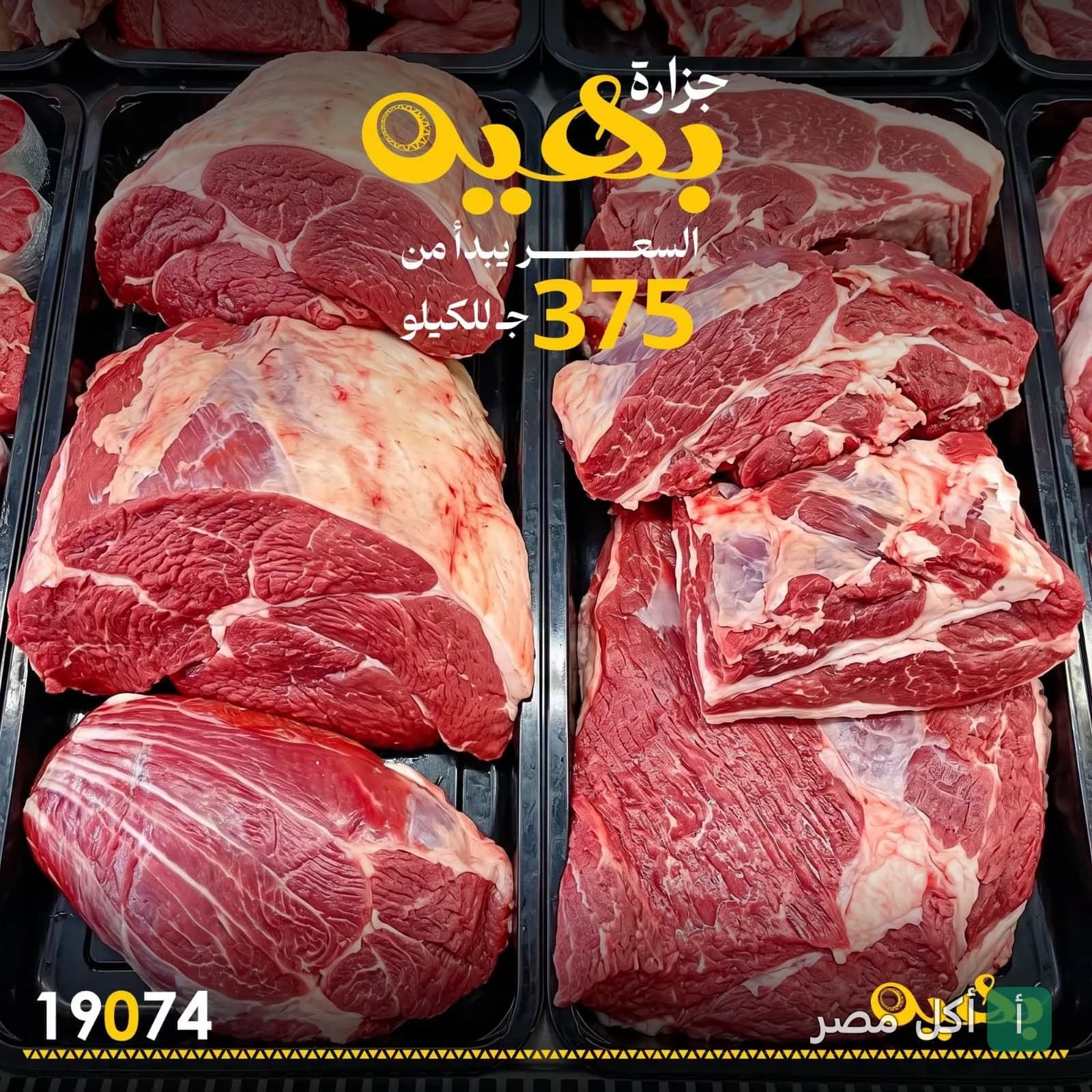قطع لحم طازجة معروضة في أطباق بلاستيكية في جزارة بهي بالأهرام.