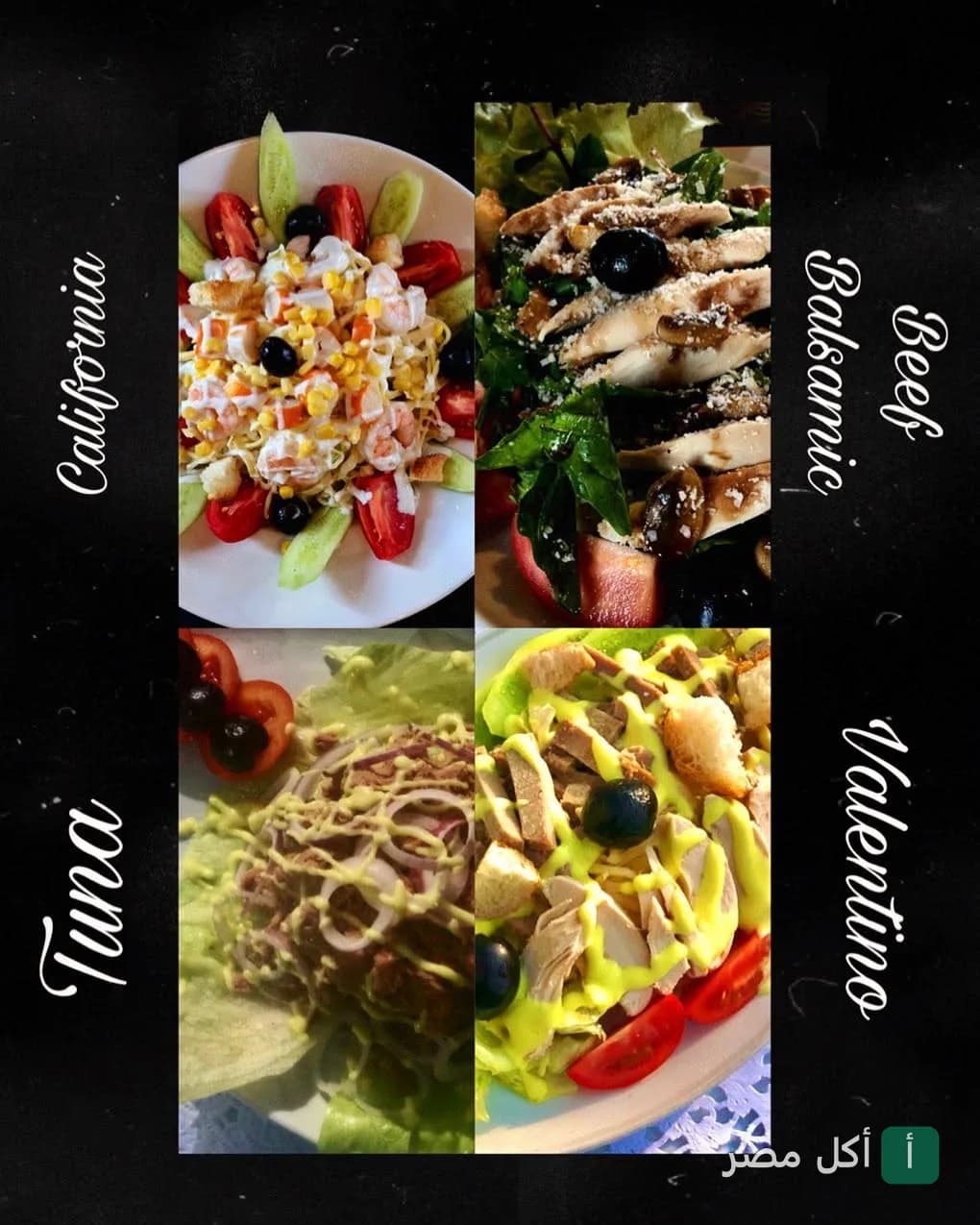 مجموعة متنوعة من أطباق السلطة في مطعم لا كاسيتا بمصر الجديدة، تشمل سلطة كاليفورنيا، بيف بالساميك، تونة، وفالنتينو.