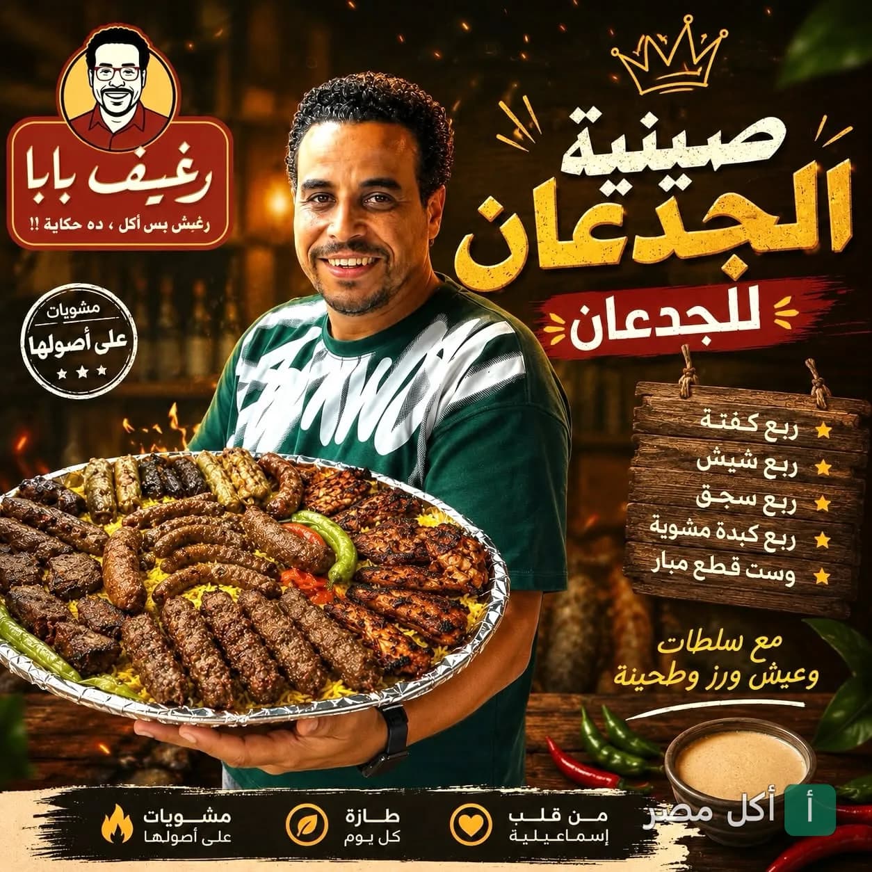 شيف يحمل صينية الجدعان الكبيرة المليئة بالمشويات المتنوعة من مطعم رغيف بابا في مصر الجديدة.