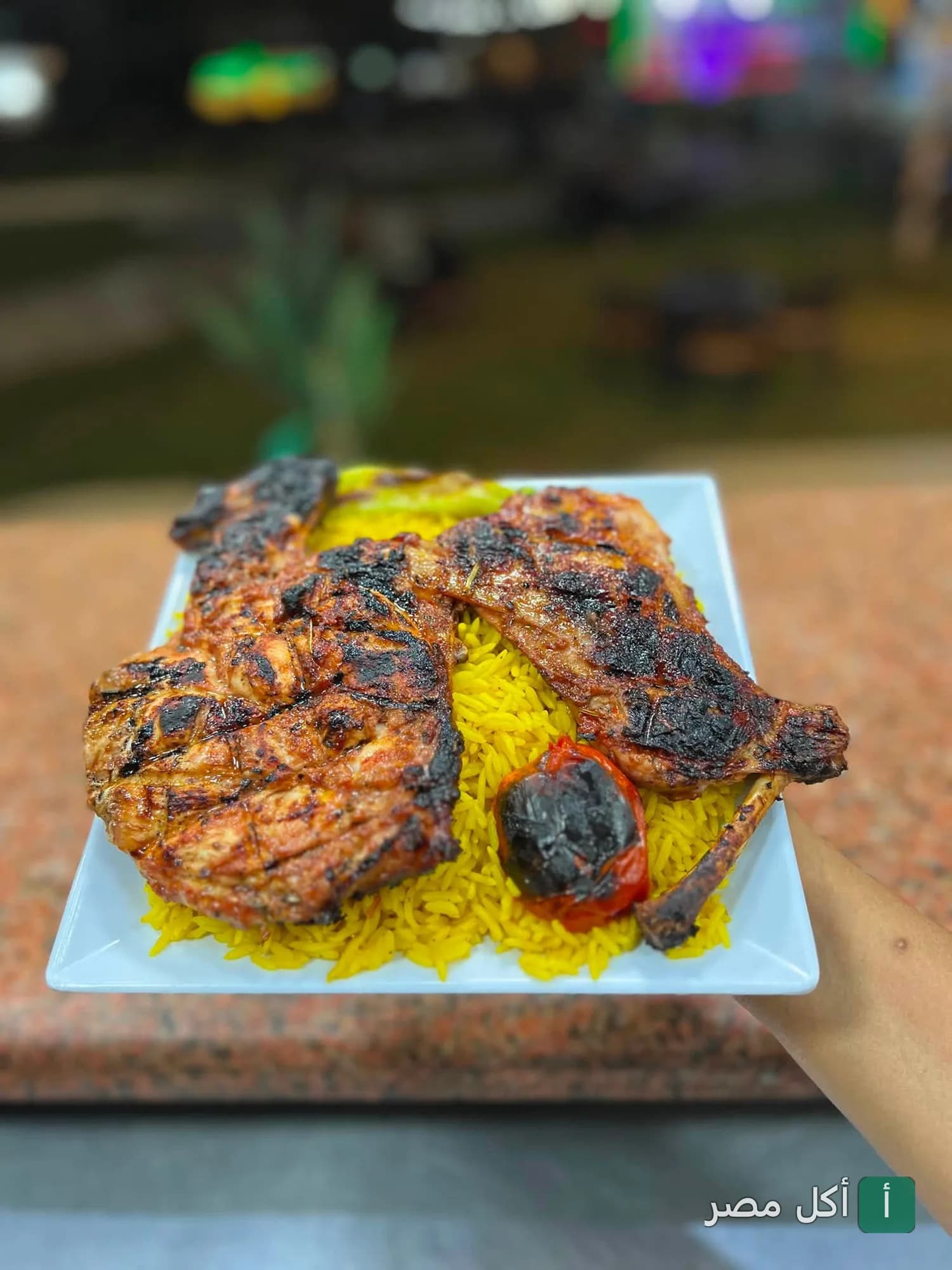 طبق دجاج مشوي على الفحم مع أرز أصفر وطماطم مشوية من مطعم رغيف بابا في مصر الجديدة.