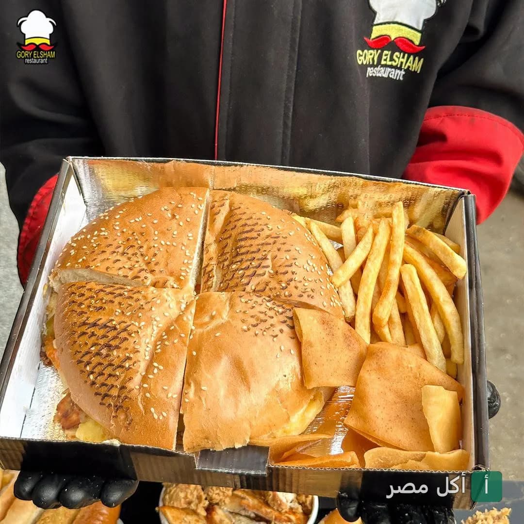 موظف مطعم جوري الشام في إمبابة يحمل وجبة ساندوتش مقسم ومقليات في علبة تيك أواي.