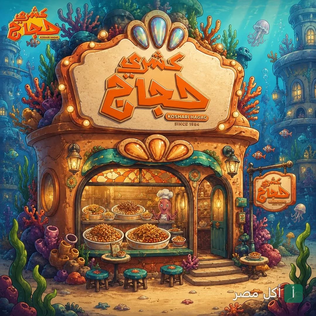 واجهة مطعم كشري حجاج في إمبابة بتصميم خيالي تحت الماء مع أطباق الكشري.