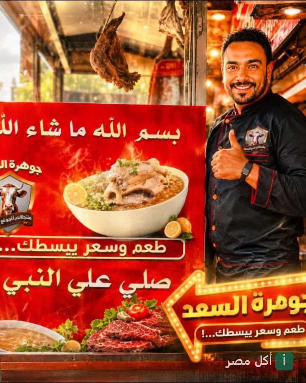 شيف يقف بجانب لافتة إعلانية لمطعم مسمط وكوارع جوهرة السعد في إمبابة تعرض طبق كوارع ساخن.